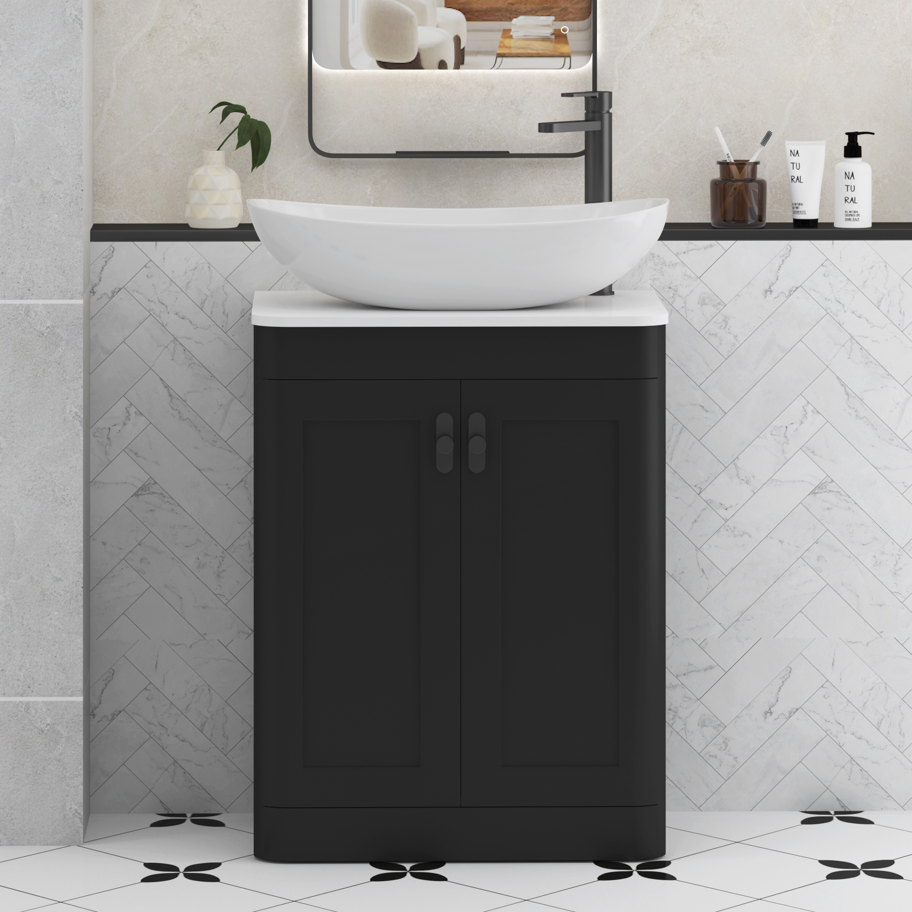 Henley Matt Nocturne Black Floor Standing Vanity Unit 2 Door with Plain White Worktop & Various Basins & Knobs