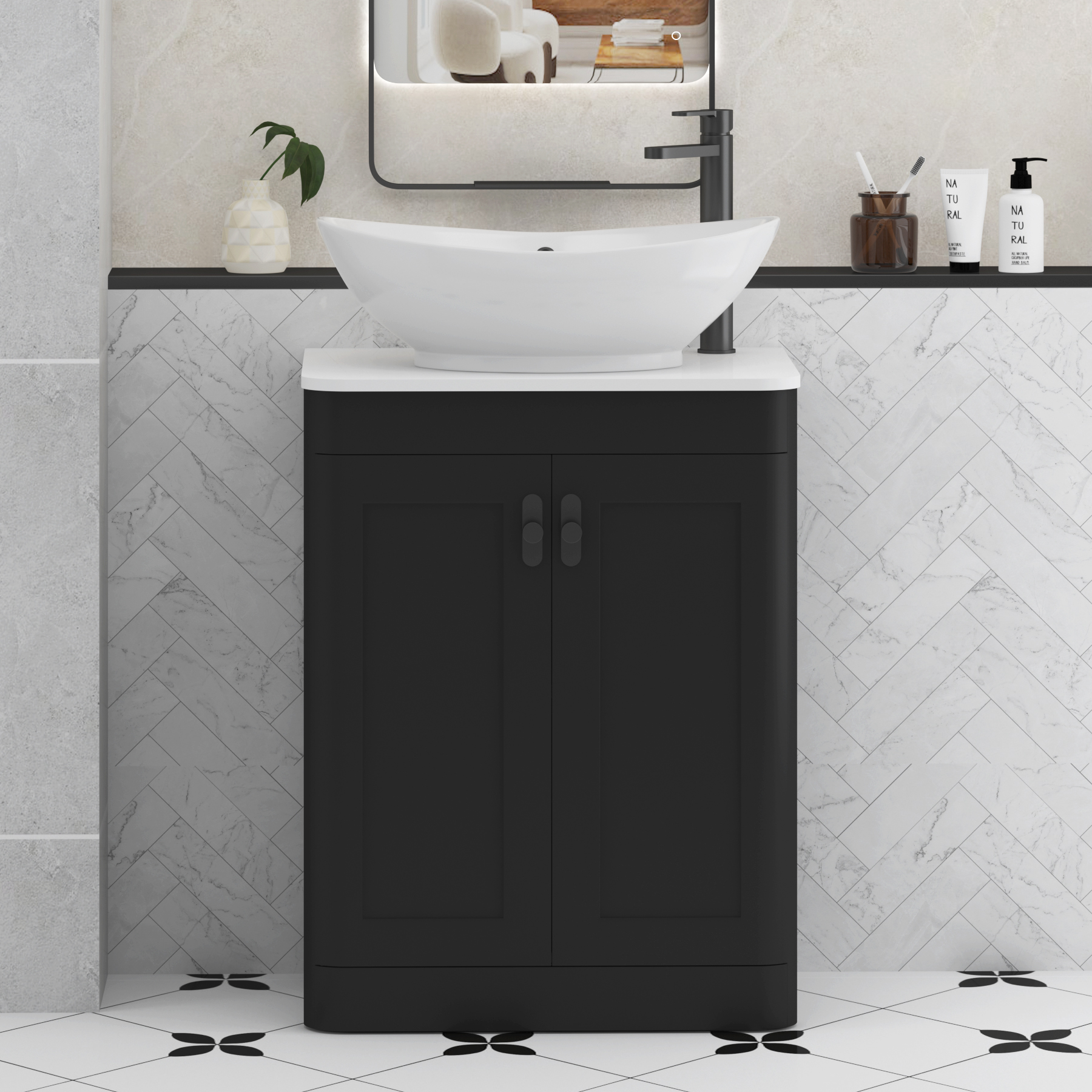 Henley Matt Nocturne Black Floor Standing Vanity Unit 2 Door with Plain White Worktop & Various Basins & Knobs