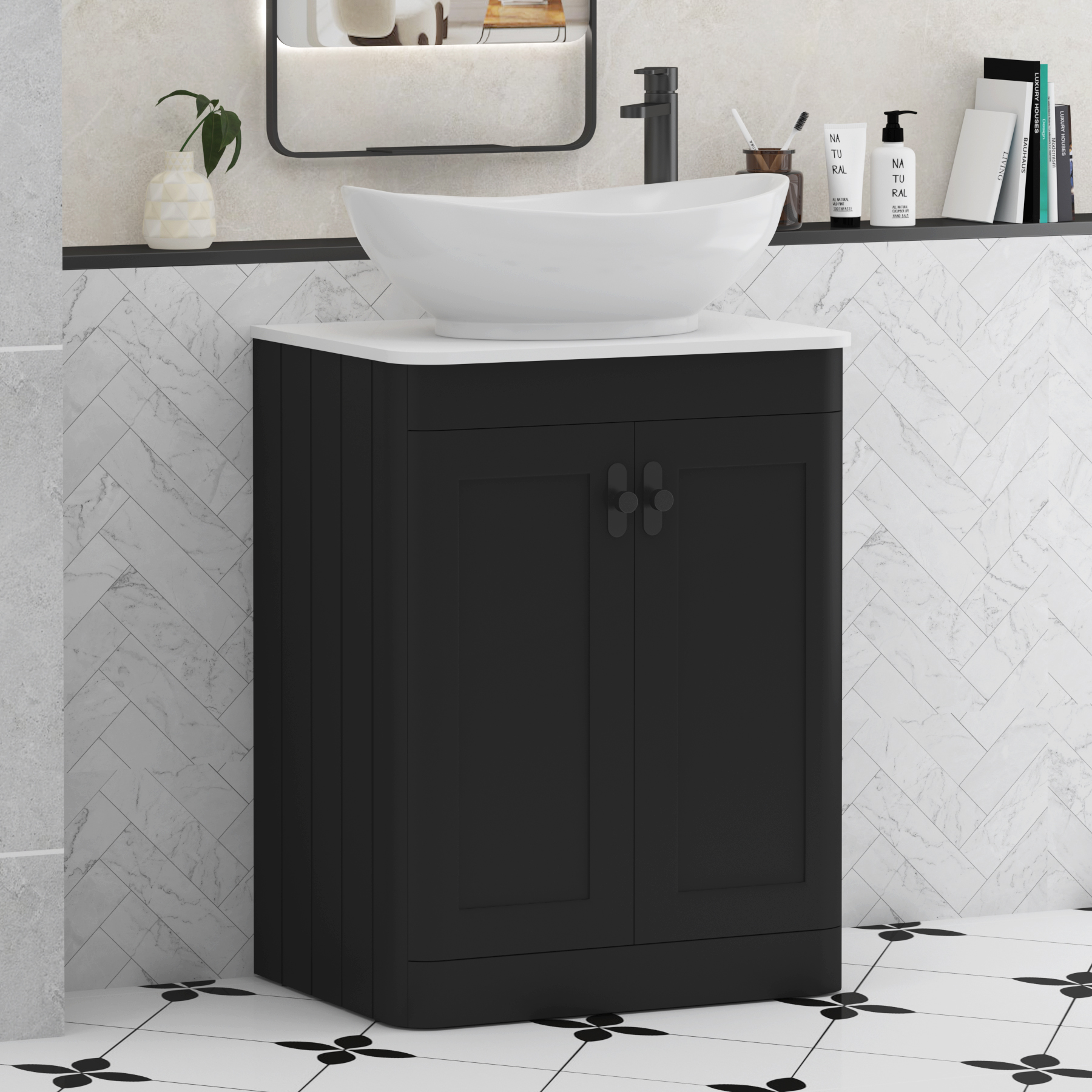 Henley Matt Nocturne Black Floor Standing Vanity Unit 2 Door with Plain White Worktop & Various Basins & Knobs