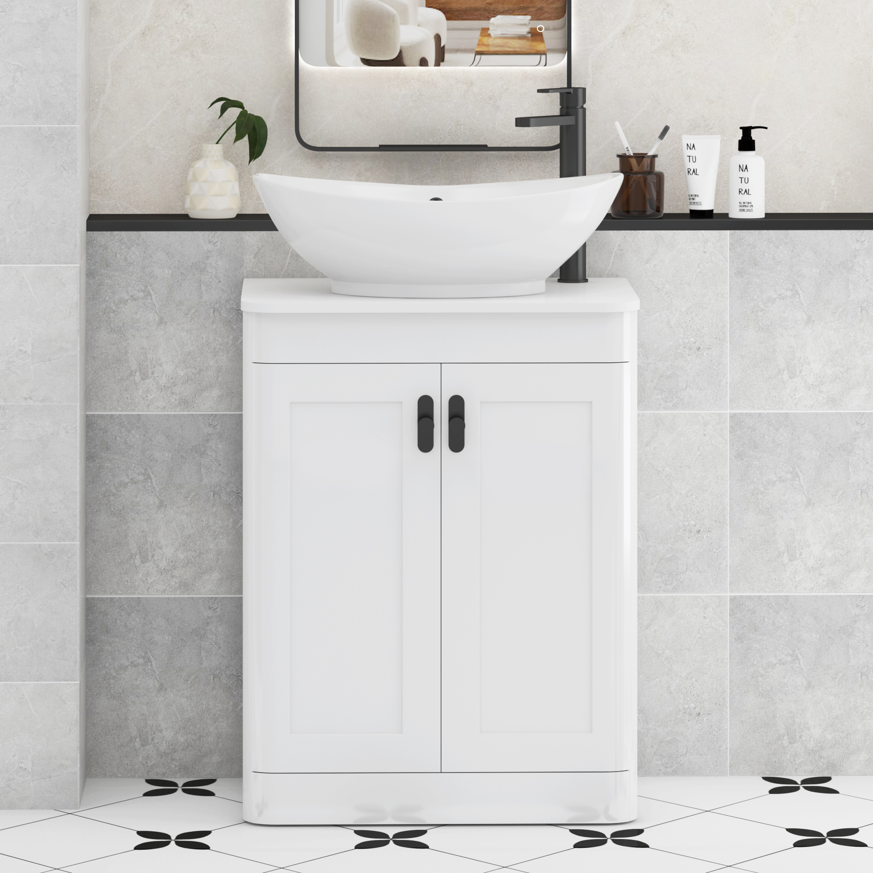 Henley Gloss White Floor Standing Vanity Unit 2 Door with Plain White Worktop & Various Basins & Knobs