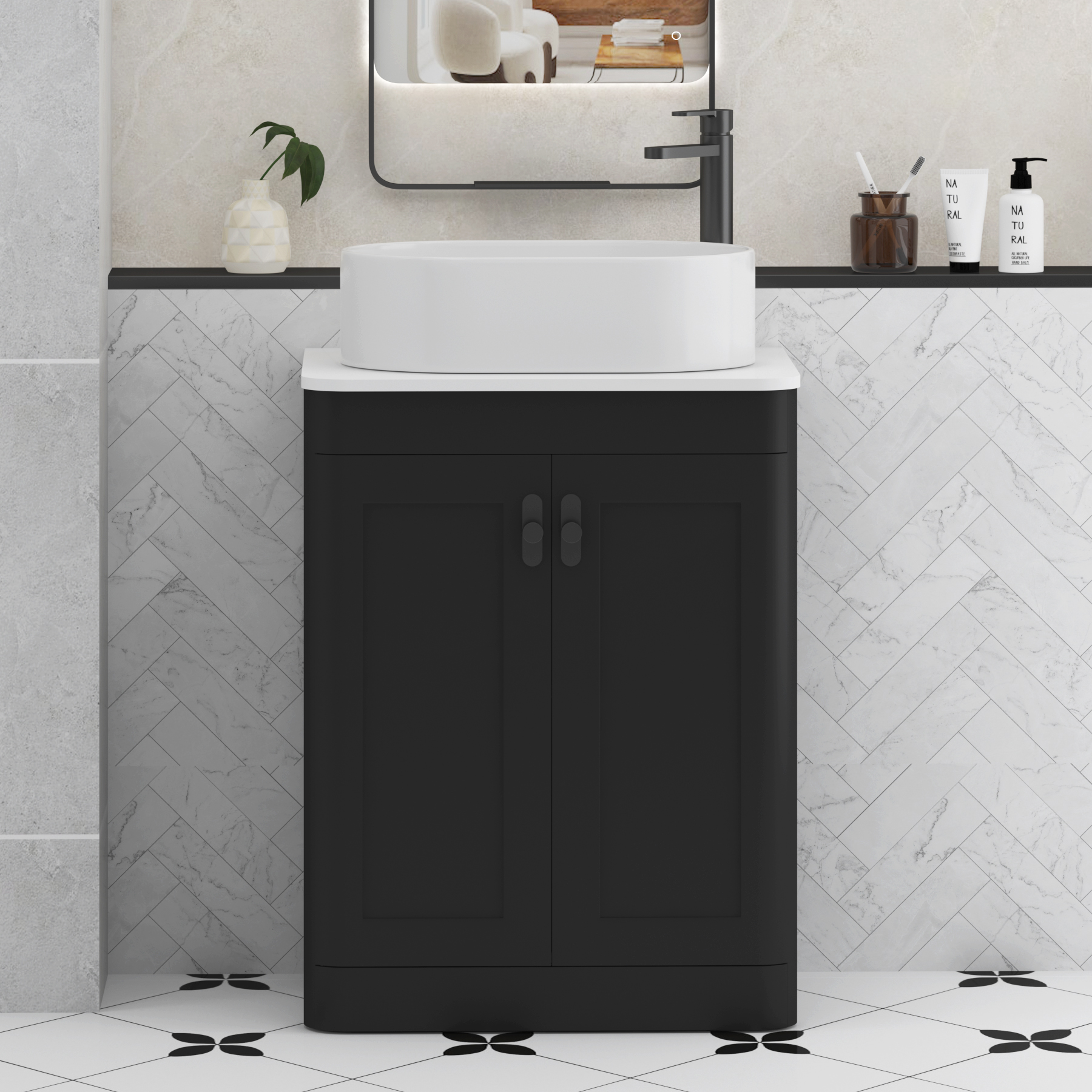 Henley Matt Nocturne Black Floor Standing Vanity Unit 2 Door with Plain White Worktop & Various Basins & Knobs