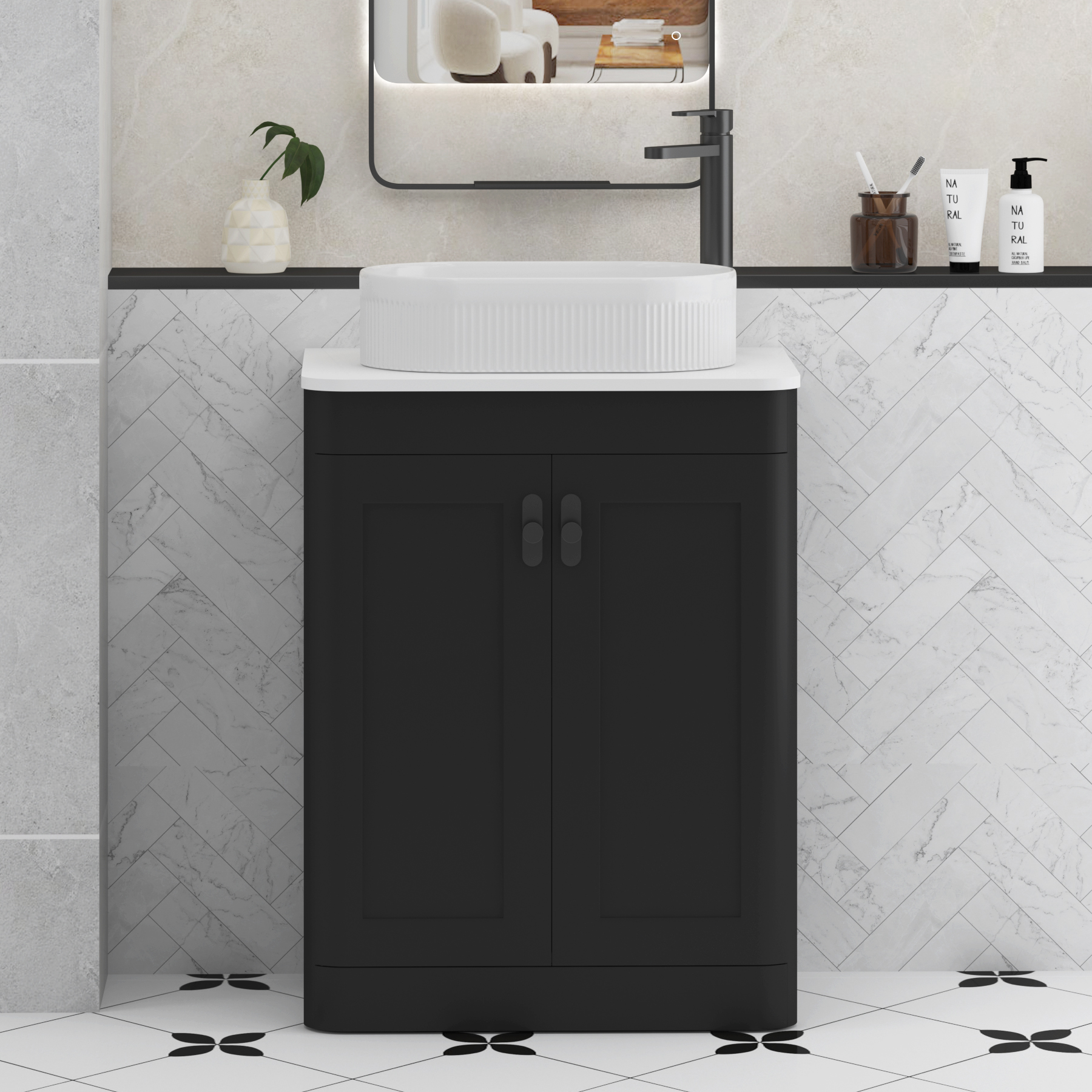 Henley Matt Nocturne Black Floor Standing Vanity Unit 2 Door with Plain White Worktop & Various Basins & Knobs