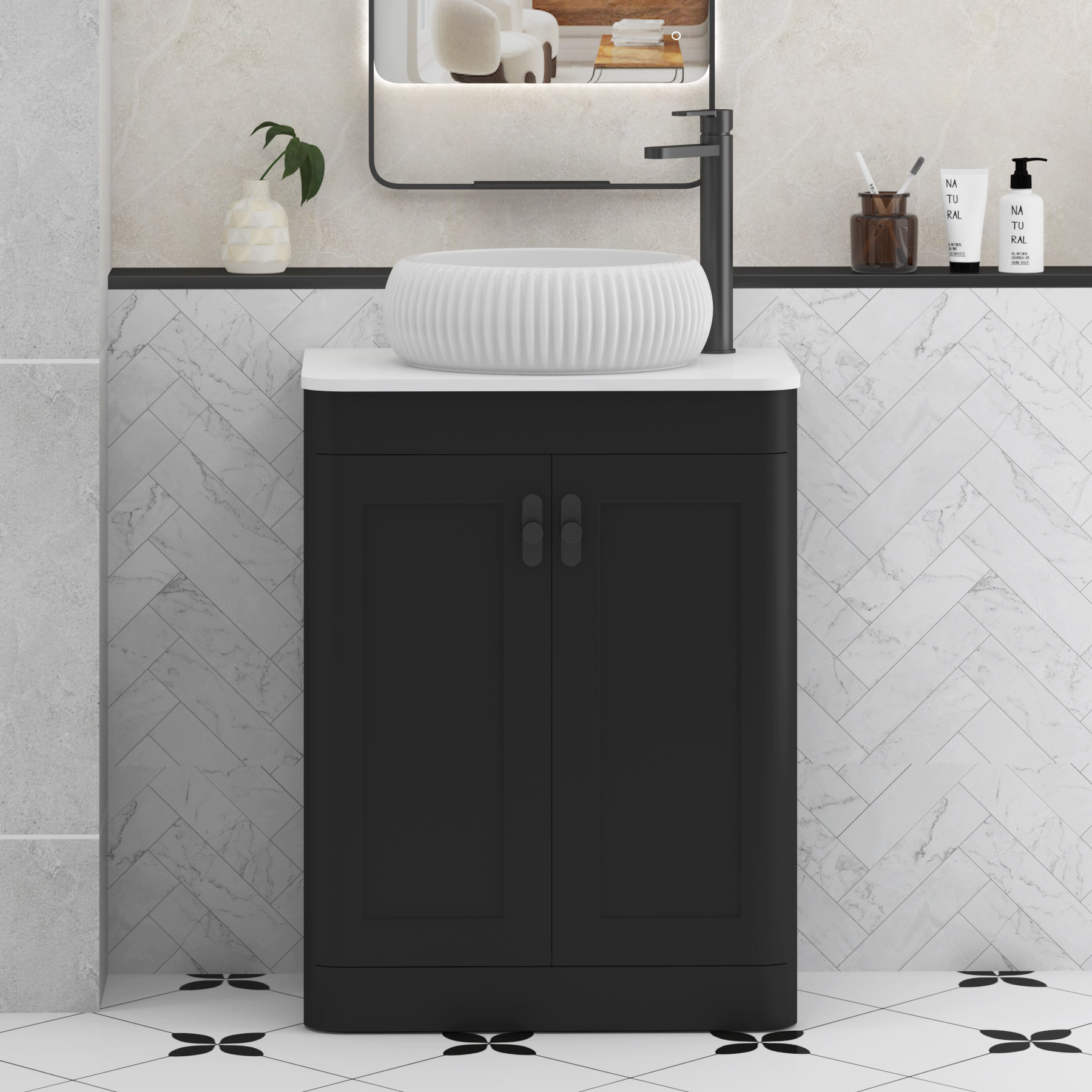 Henley Matt Nocturne Black Floor Standing Vanity Unit 2 Door with Plain White Worktop & Various Basins & Knobs