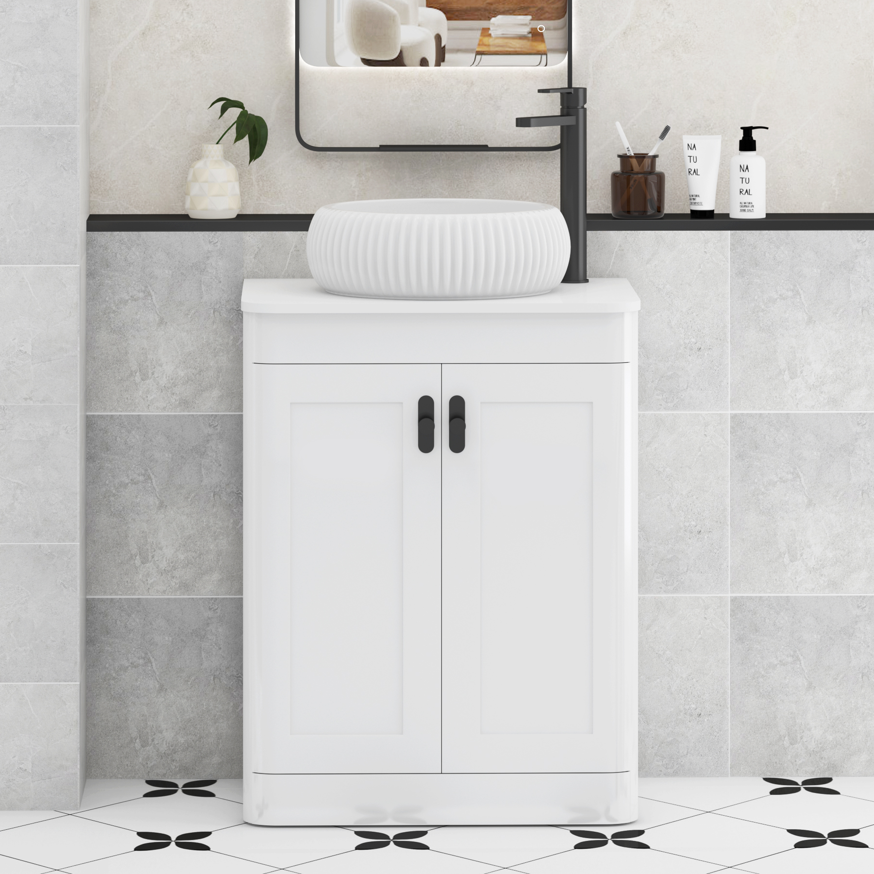 Henley Gloss White Floor Standing Vanity Unit 2 Door with Plain White Worktop & Various Basins & Knobs