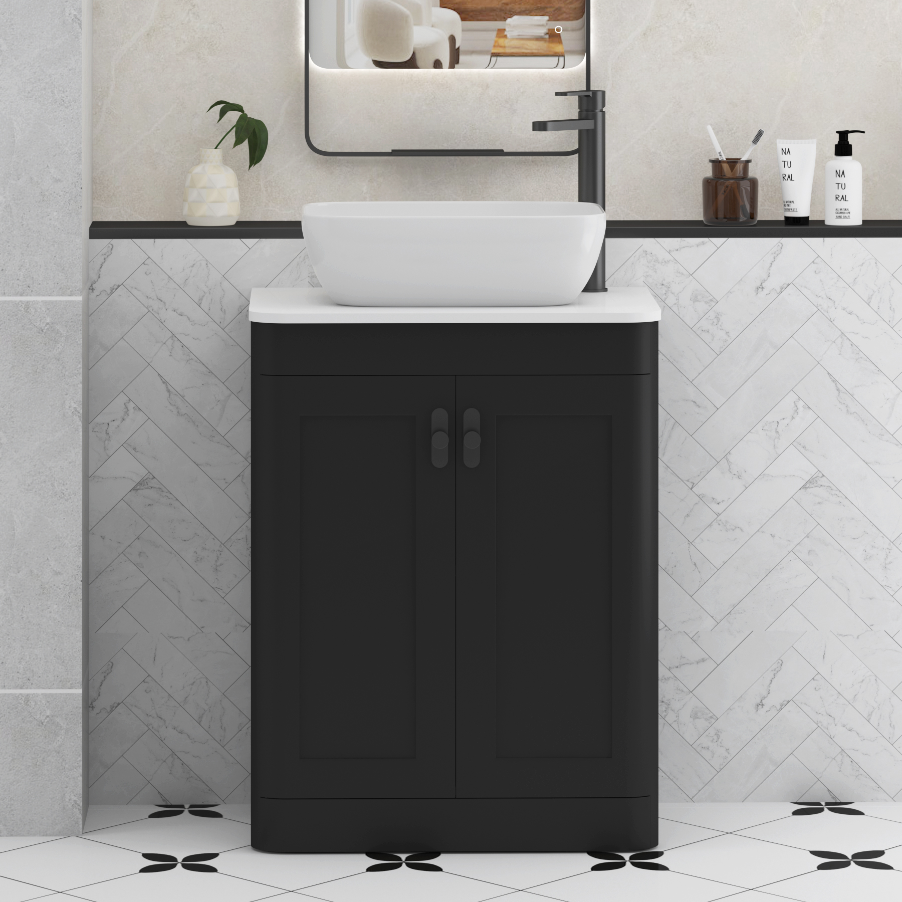 Henley Matt Nocturne Black Floor Standing Vanity Unit 2 Door with Plain White Worktop & Various Basins & Knobs