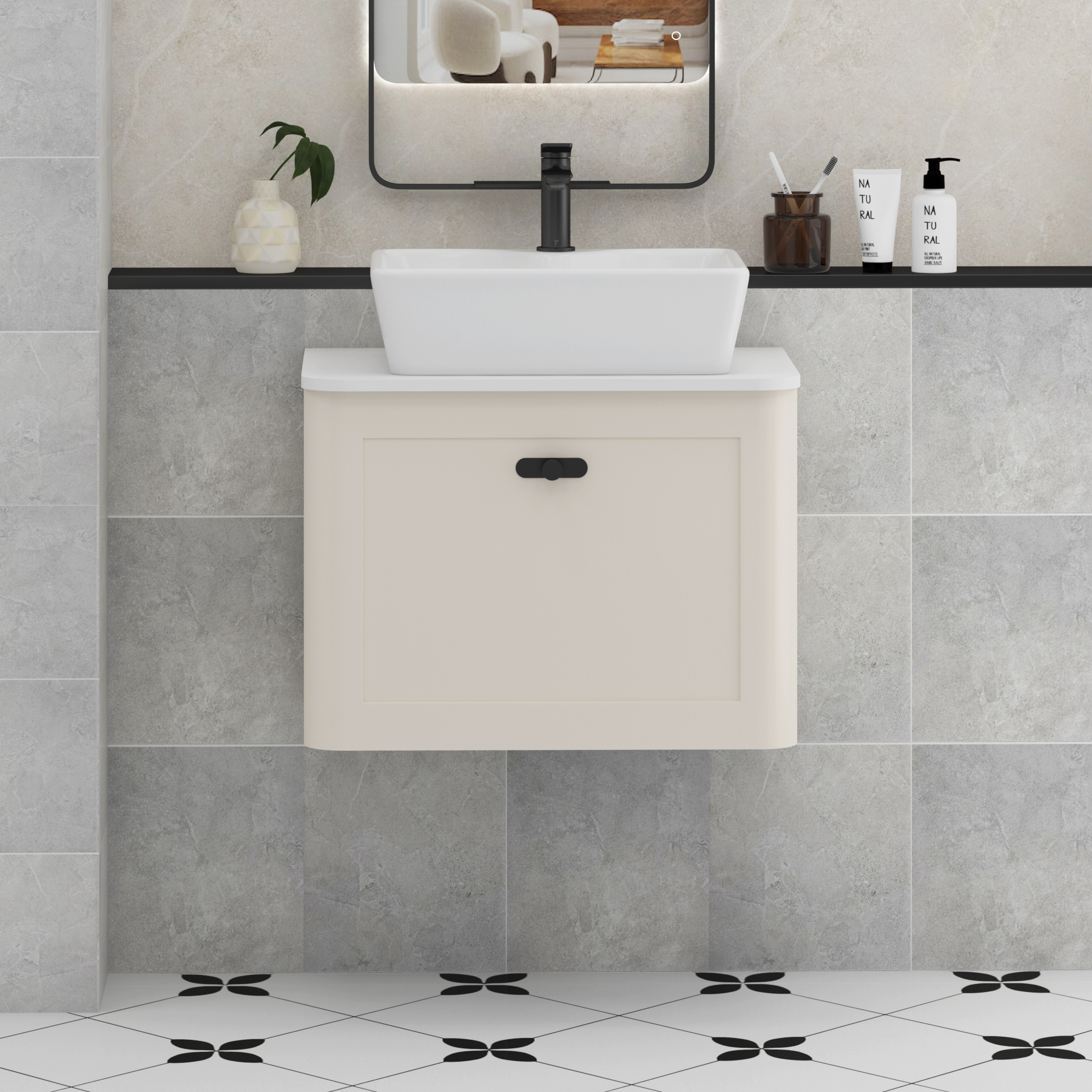 Henley Mushroom Cashmere Wall Hung Vanity Unit 1 Drawer with Plain White Worktop & Various Basins & Knobs