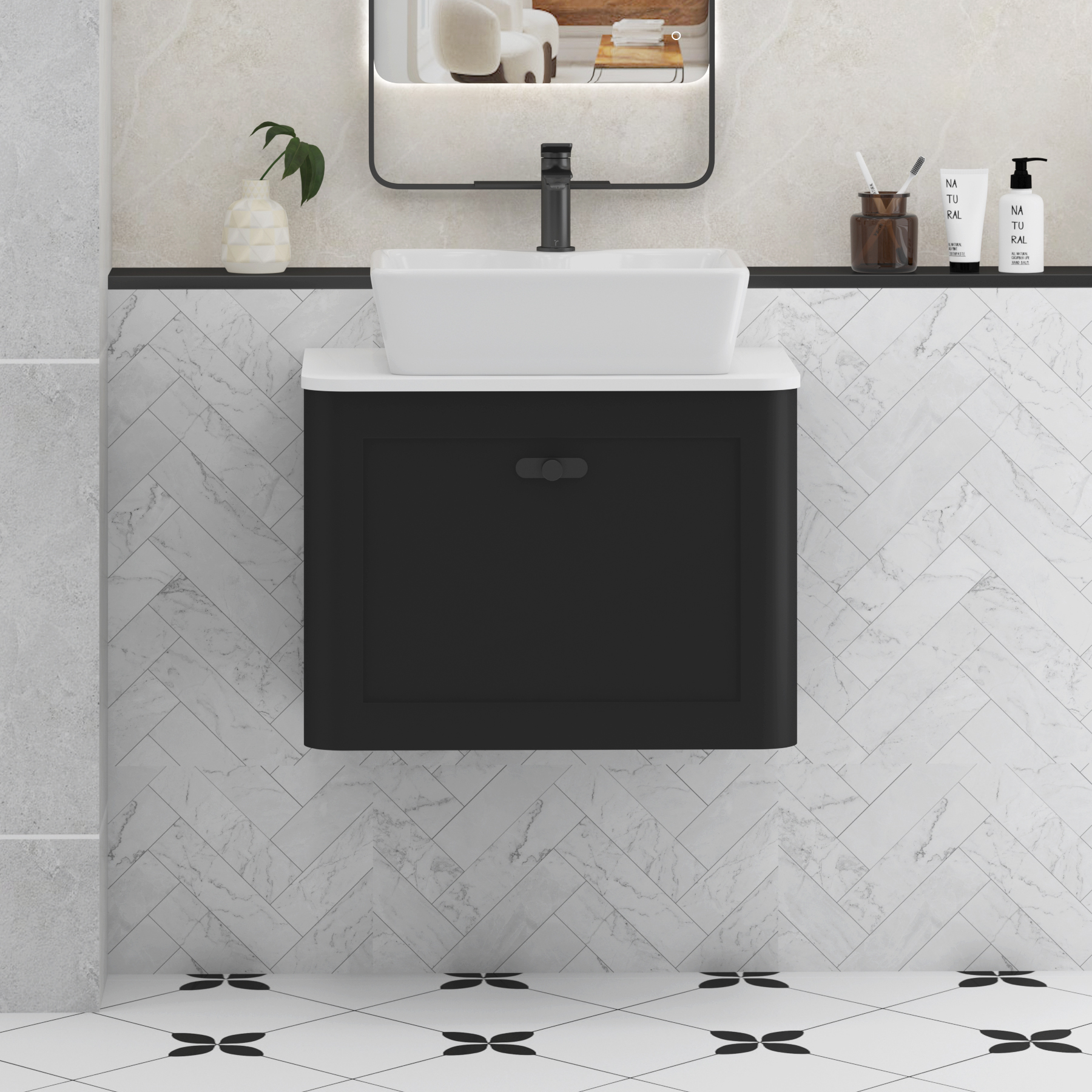 Henley Matt Nocturne Black Wall Hung Vanity Unit 1 Drawer with Plain White Worktop & Various Basins & Knobs