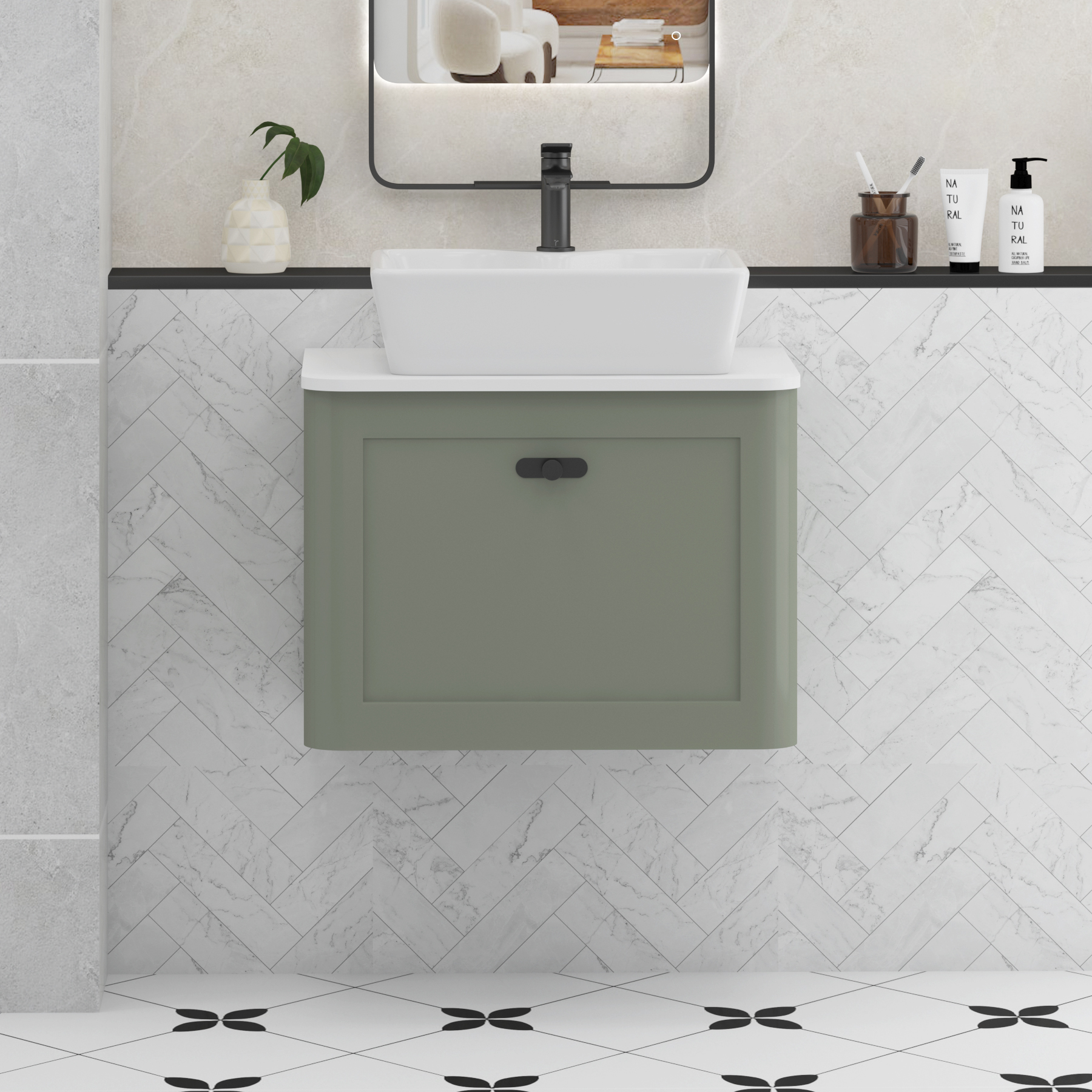 Henley Sage Green Wall Hung Vanity Unit 1 Drawer with Plain White Worktop & Various Basins & Knobs