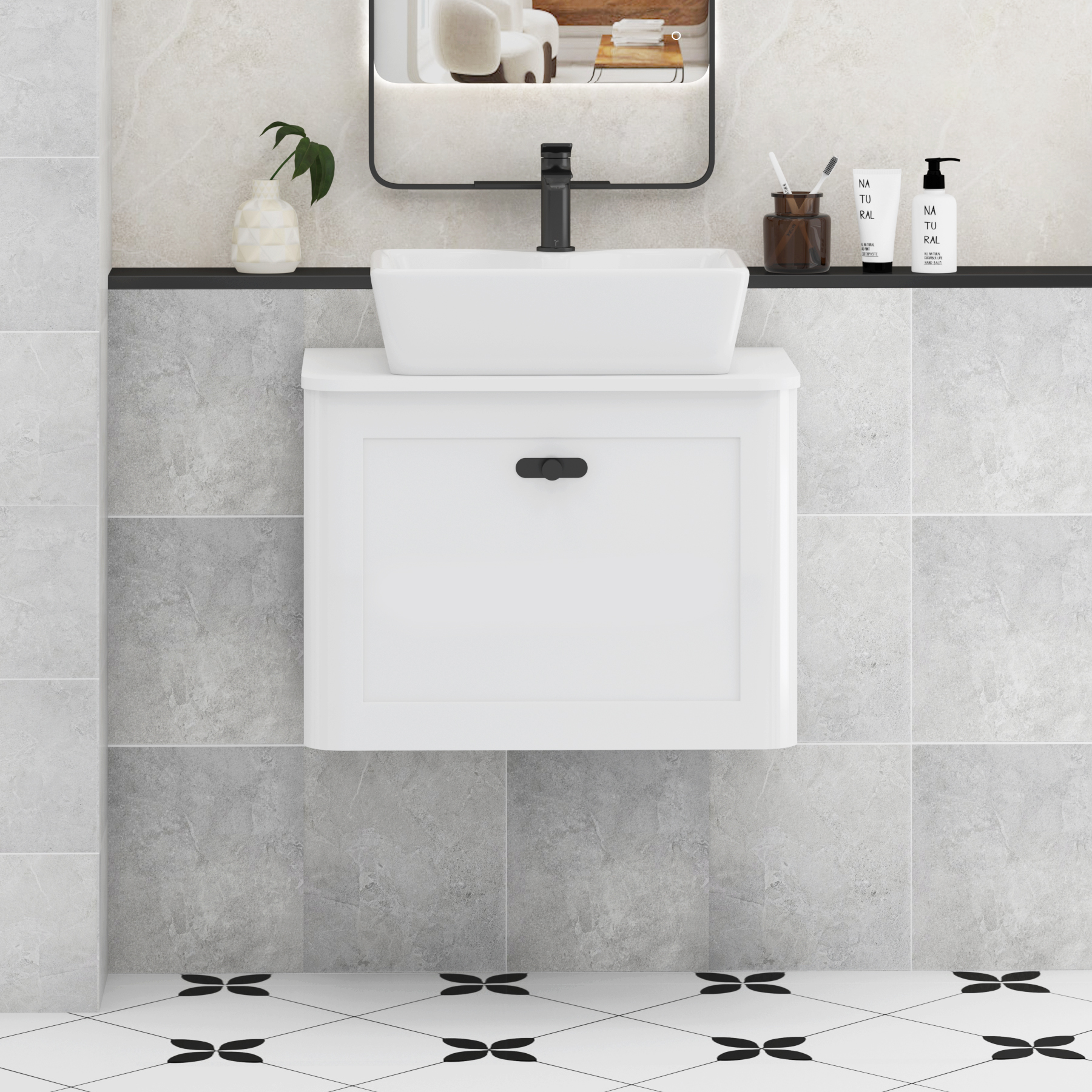 Henley Gloss White Wall Hung Vanity Unit 1 Drawer with Plain White Worktop & Various Basins & Knobs