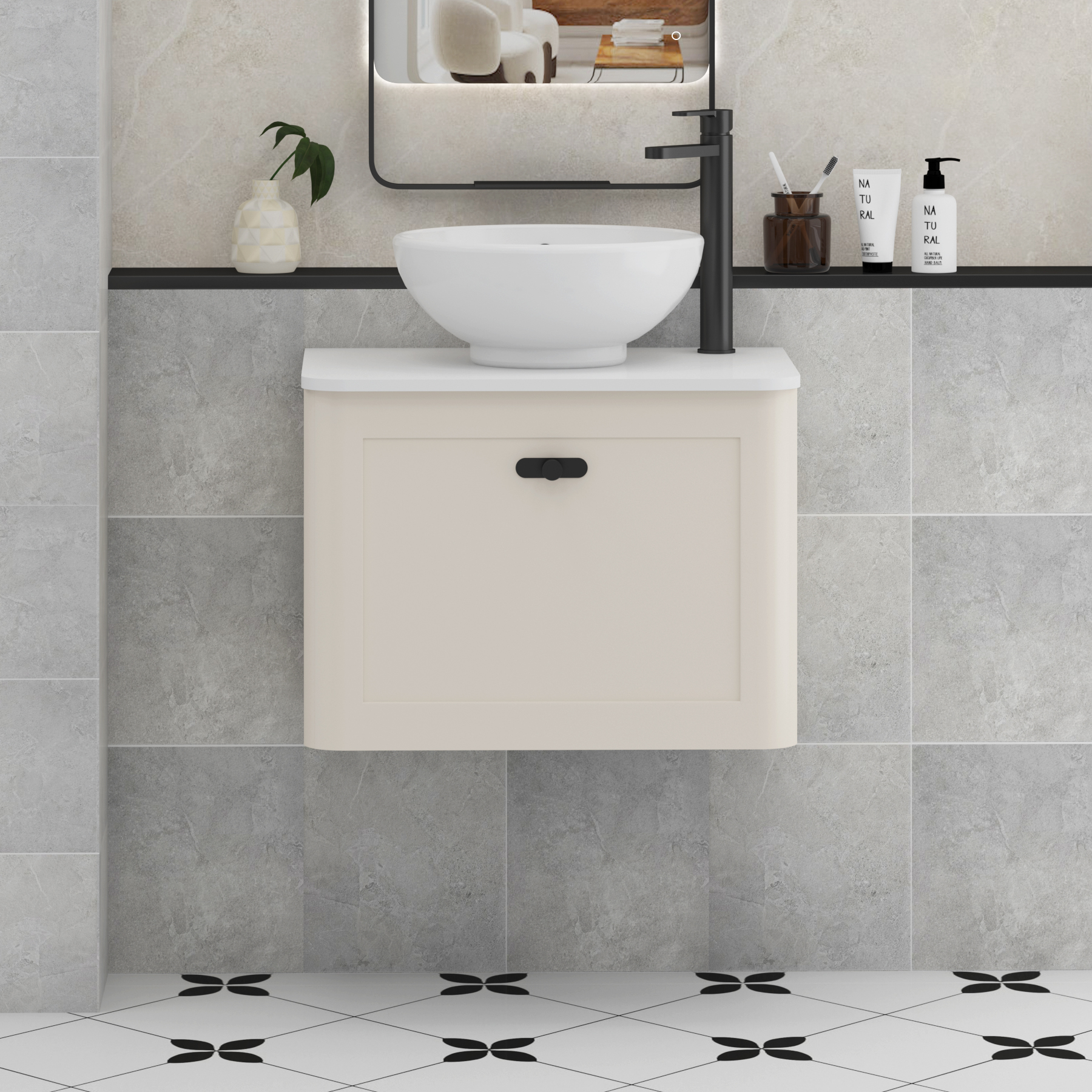 Henley Mushroom Cashmere Wall Hung Vanity Unit 1 Drawer with Plain White Worktop & Various Basins & Knobs