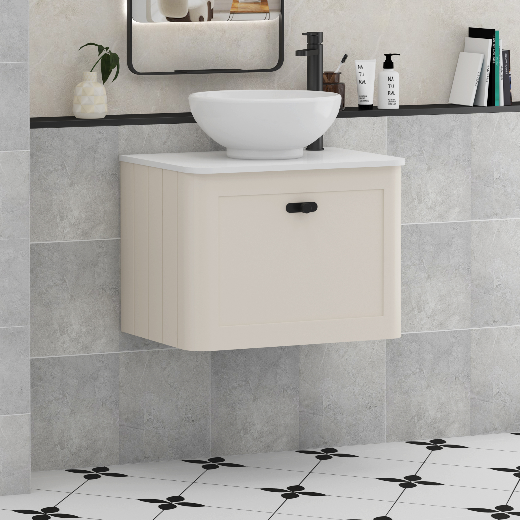 Henley Mushroom Cashmere Wall Hung Vanity Unit 1 Drawer with Plain White Worktop & Various Basins & Knobs