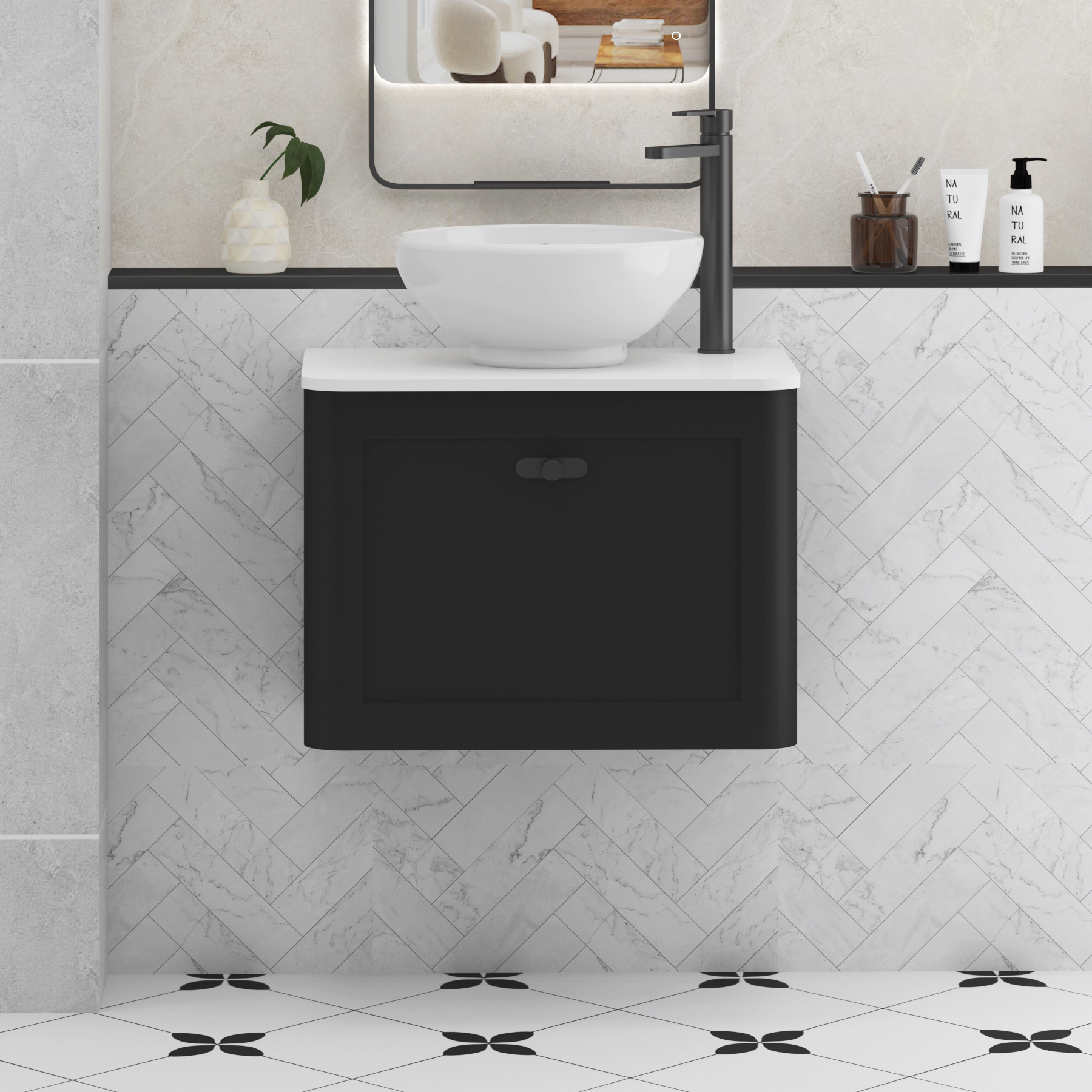 Henley Matt Nocturne Black Wall Hung Vanity Unit 1 Drawer with Plain White Worktop & Various Basins & Knobs