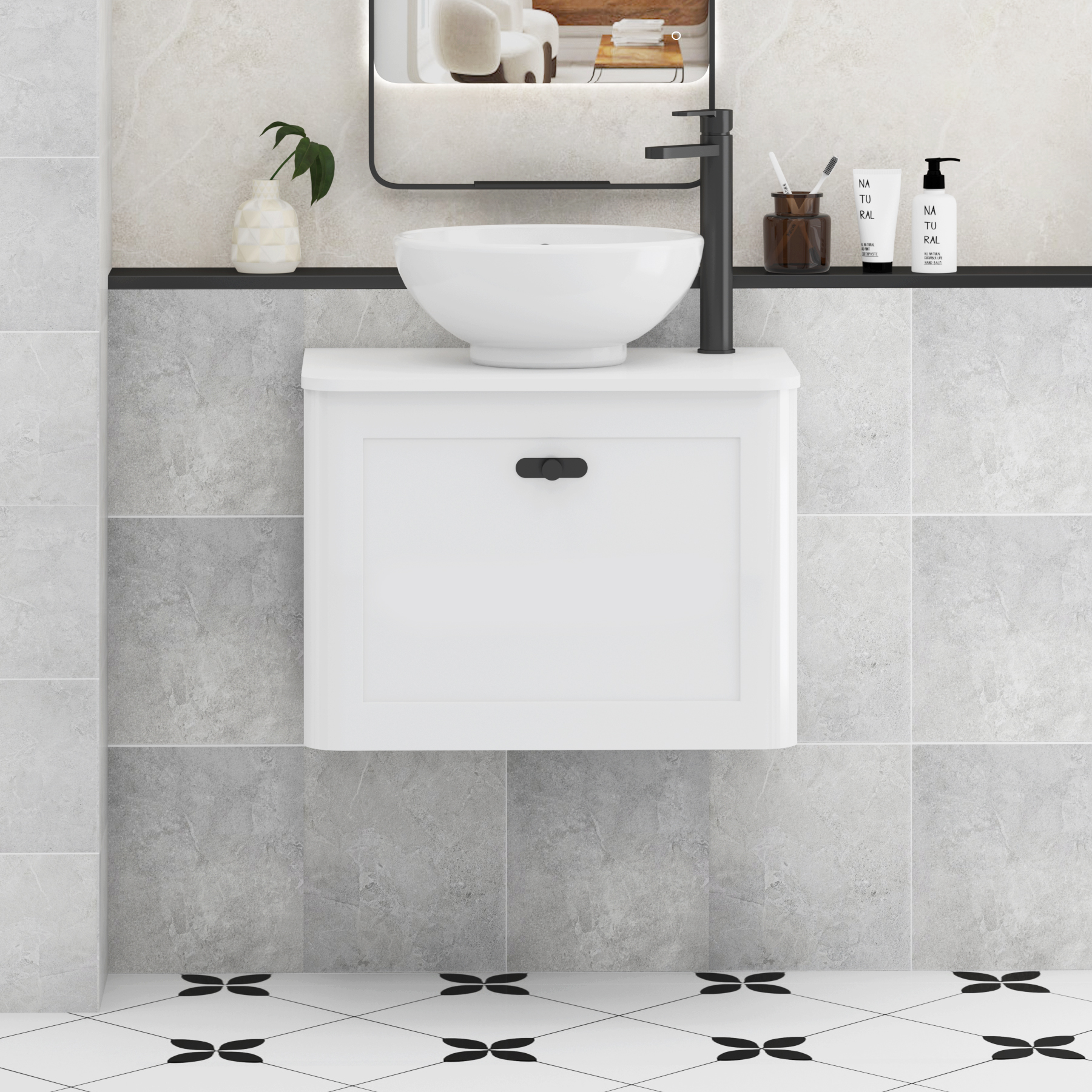 Henley Gloss White Wall Hung Vanity Unit 1 Drawer with Plain White Worktop & Various Basins & Knobs