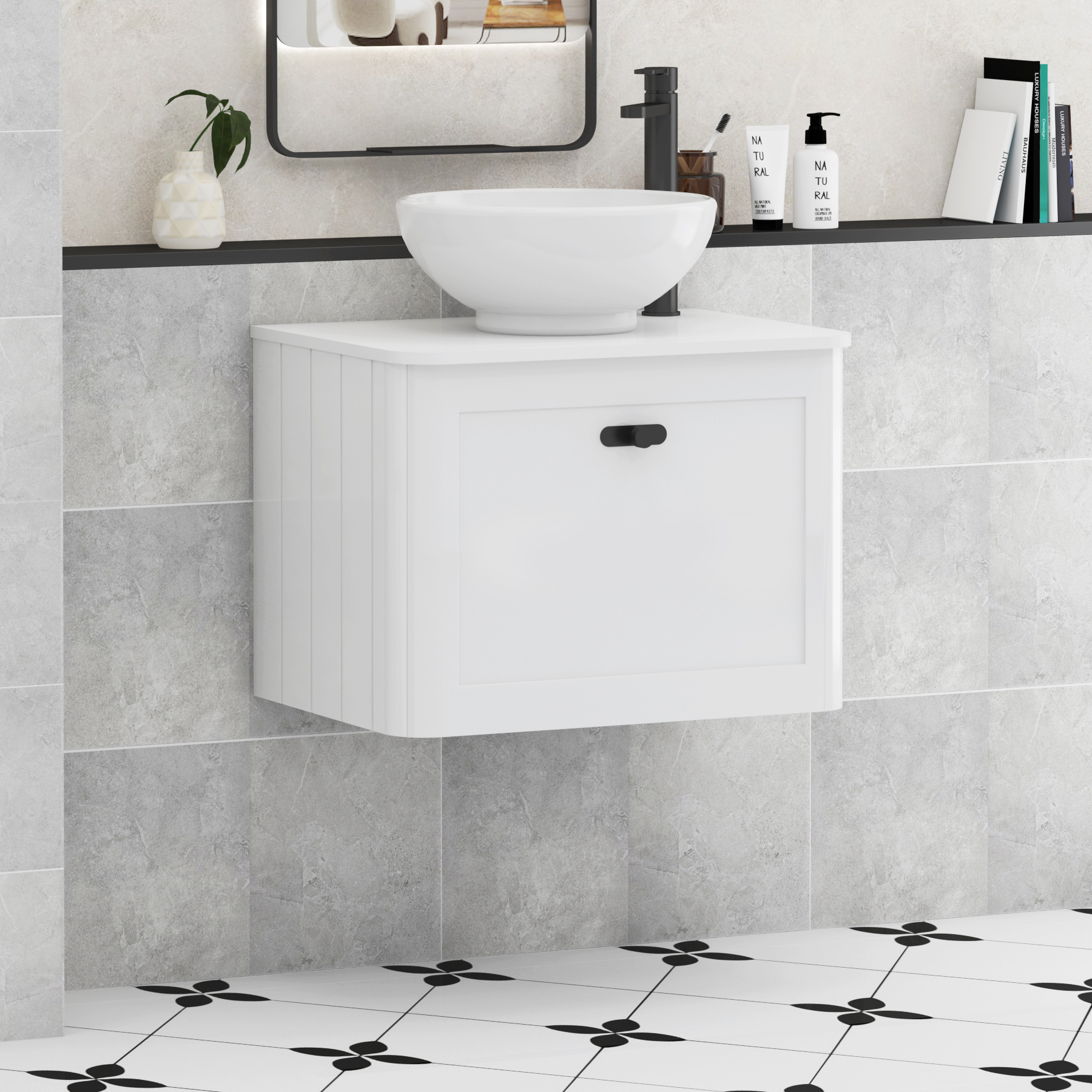 Henley 1 Drawer Wall Hung Vanity Unit – Multiple Sizes, Colours, Knobs, Worktop & Basins Options
