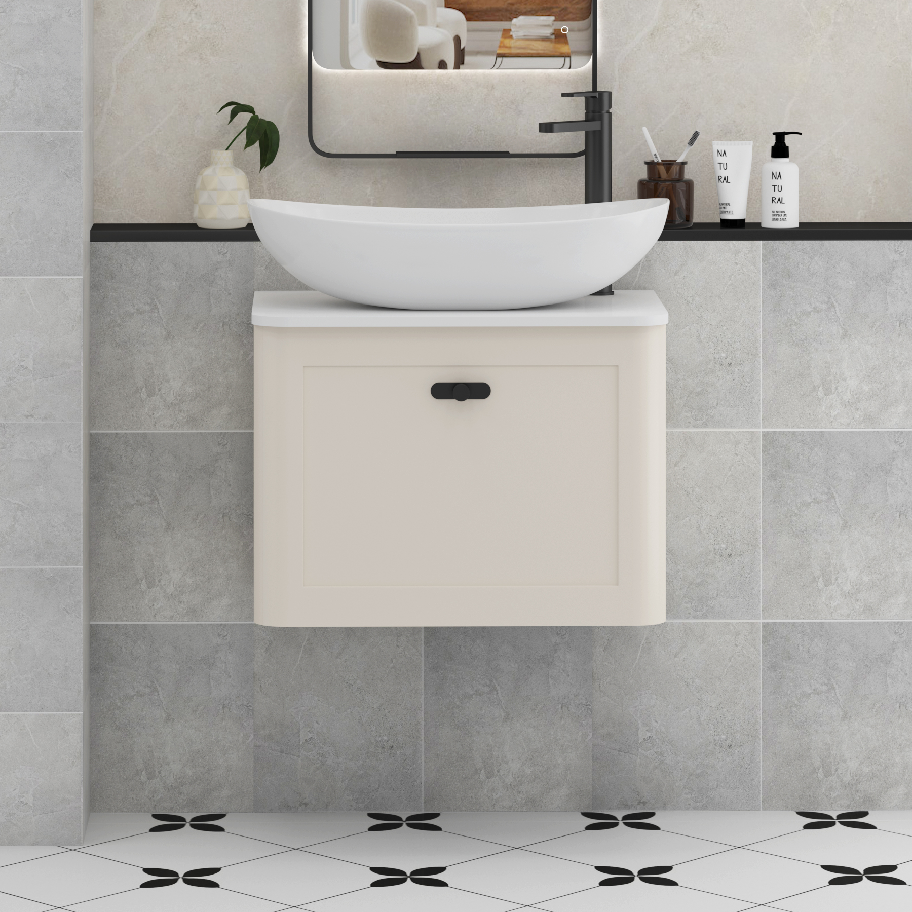Henley Mushroom Cashmere Wall Hung Vanity Unit 1 Drawer with Plain White Worktop & Various Basins & Knobs