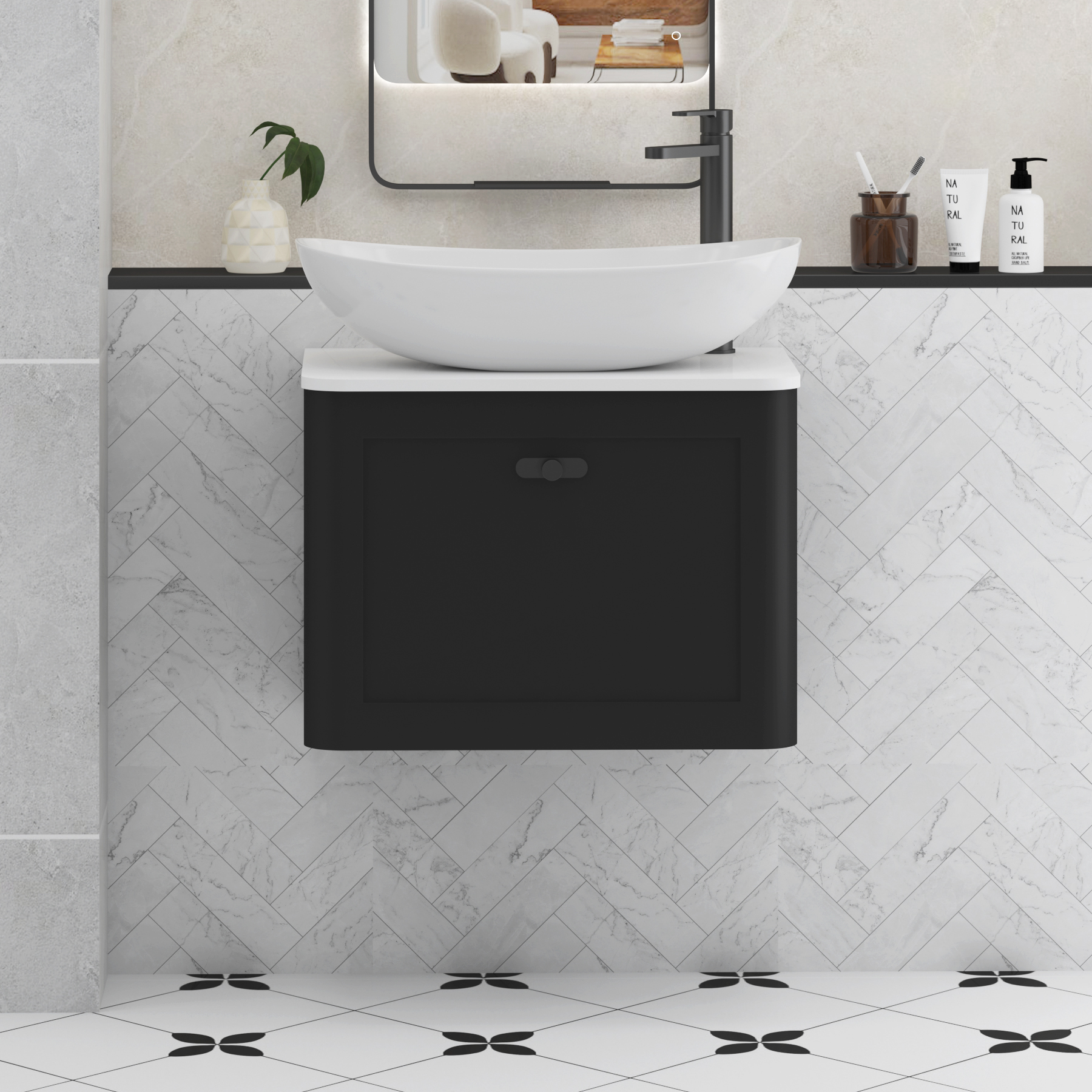 Henley Matt Nocturne Black Wall Hung Vanity Unit 1 Drawer with Plain White Worktop & Various Basins & Knobs