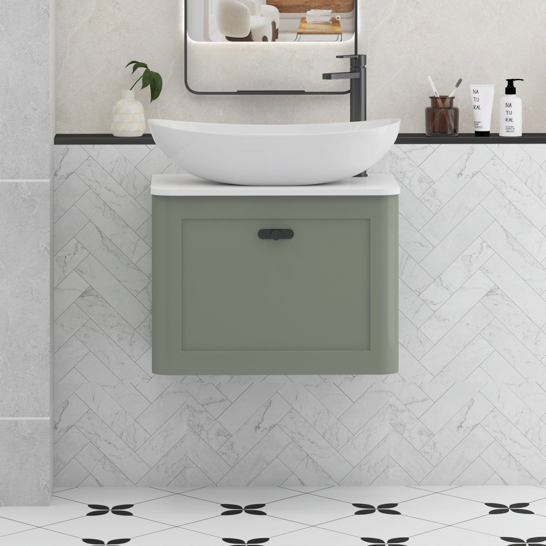 Henley Sage Green Wall Hung Vanity Unit 1 Drawer with Plain White Worktop & Various Basins & Knobs