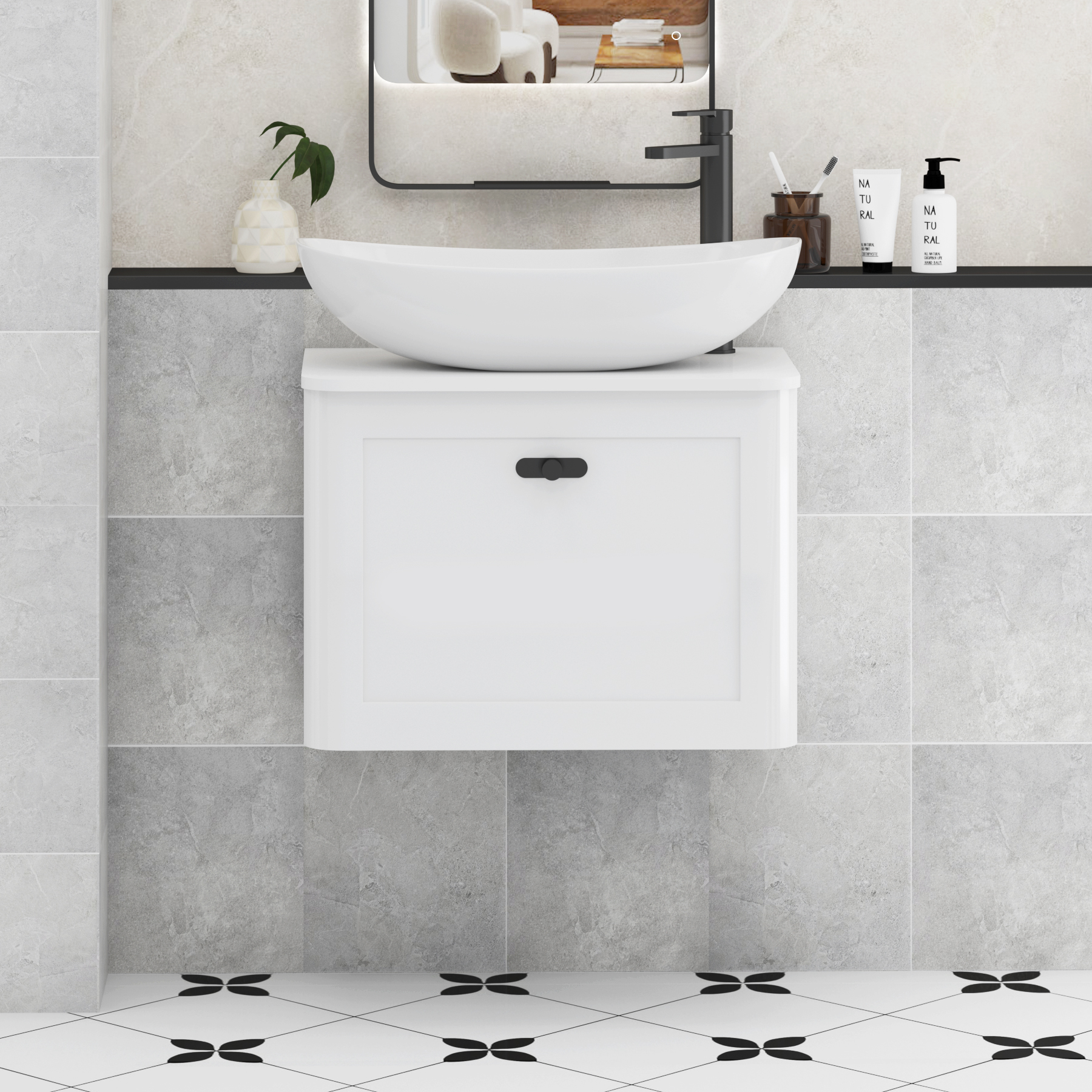 Henley Gloss White Wall Hung Vanity Unit 1 Drawer with Plain White Worktop & Various Basins & Knobs