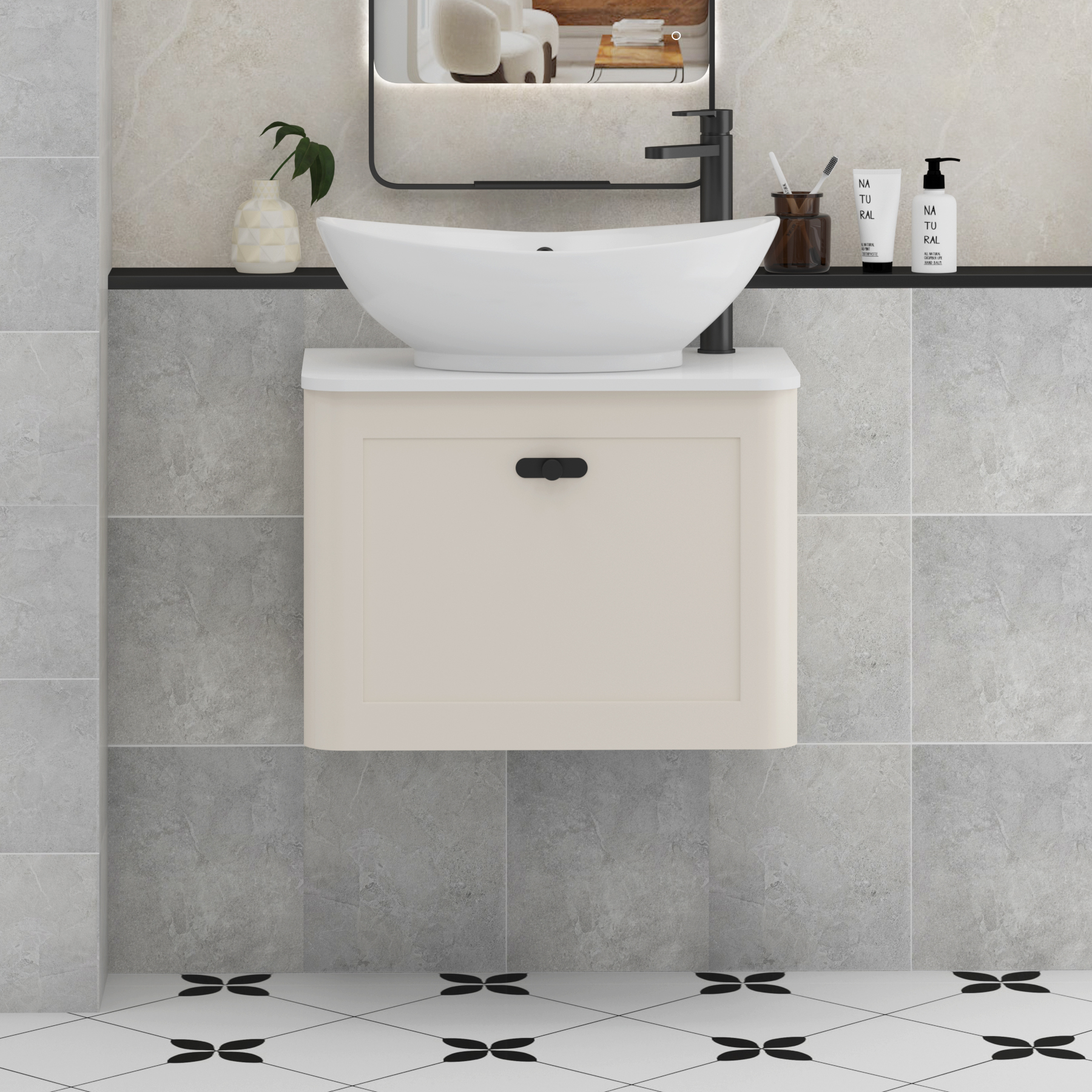 Henley Mushroom Cashmere Wall Hung Vanity Unit 1 Drawer with Plain White Worktop & Various Basins & Knobs
