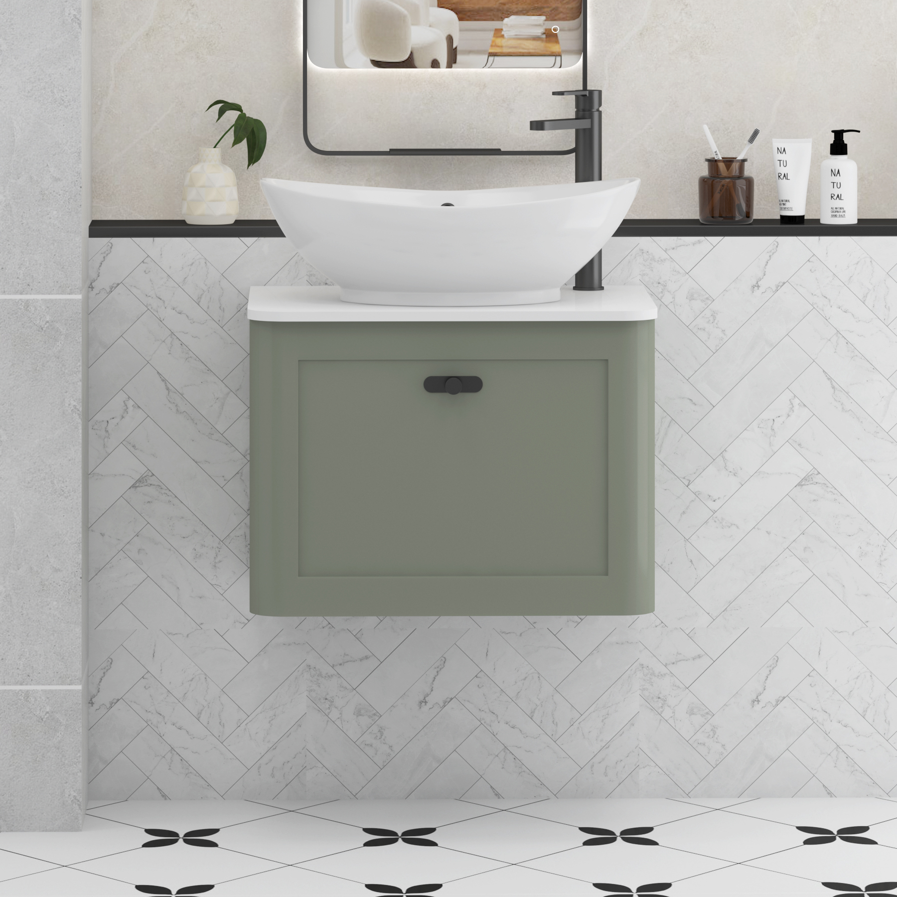Henley Sage Green Wall Hung Vanity Unit 1 Drawer with Plain White Worktop & Various Basins & Knobs