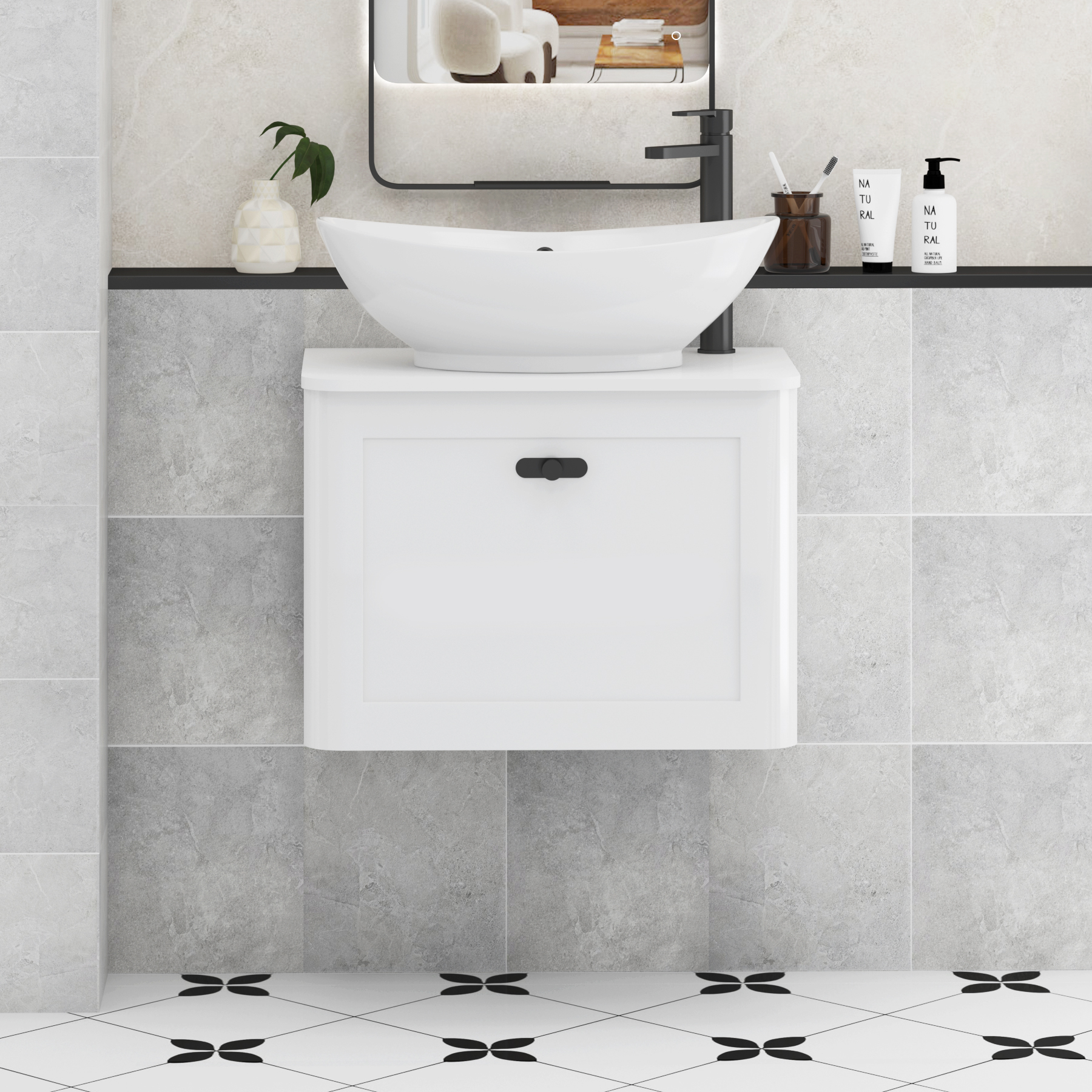 Henley Gloss White Wall Hung Vanity Unit 1 Drawer with Plain White Worktop & Various Basins & Knobs
