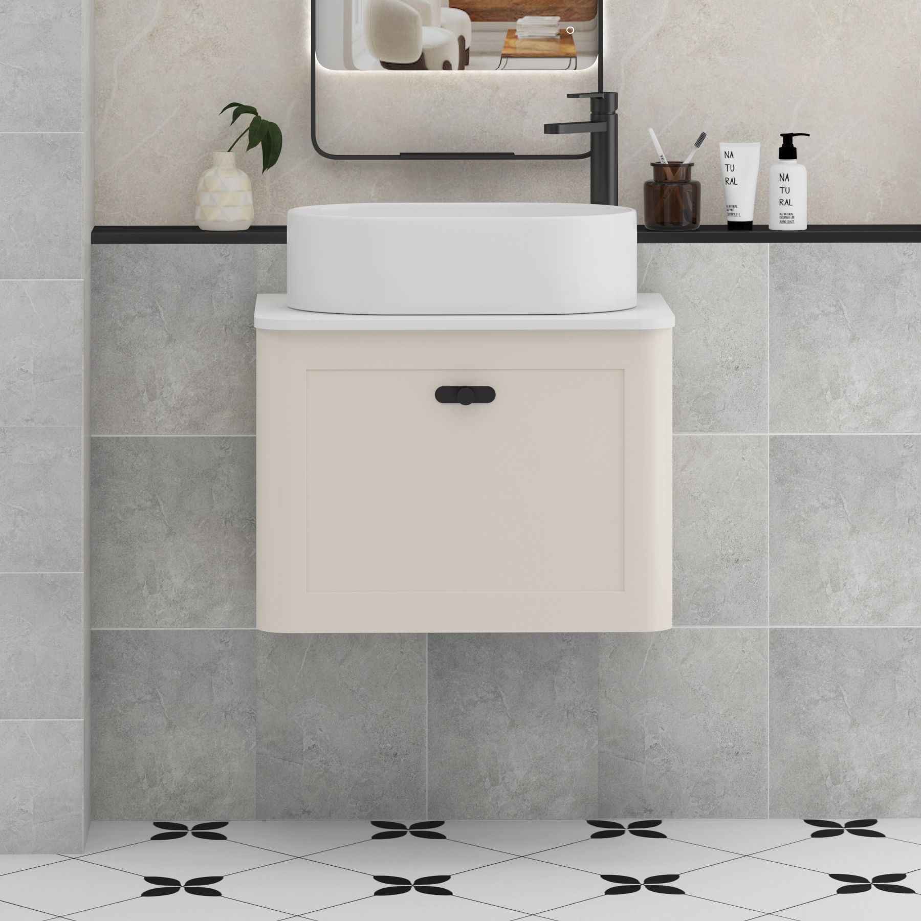 Henley Mushroom Cashmere Wall Hung Vanity Unit 1 Drawer with Plain White Worktop & Various Basins & Knobs