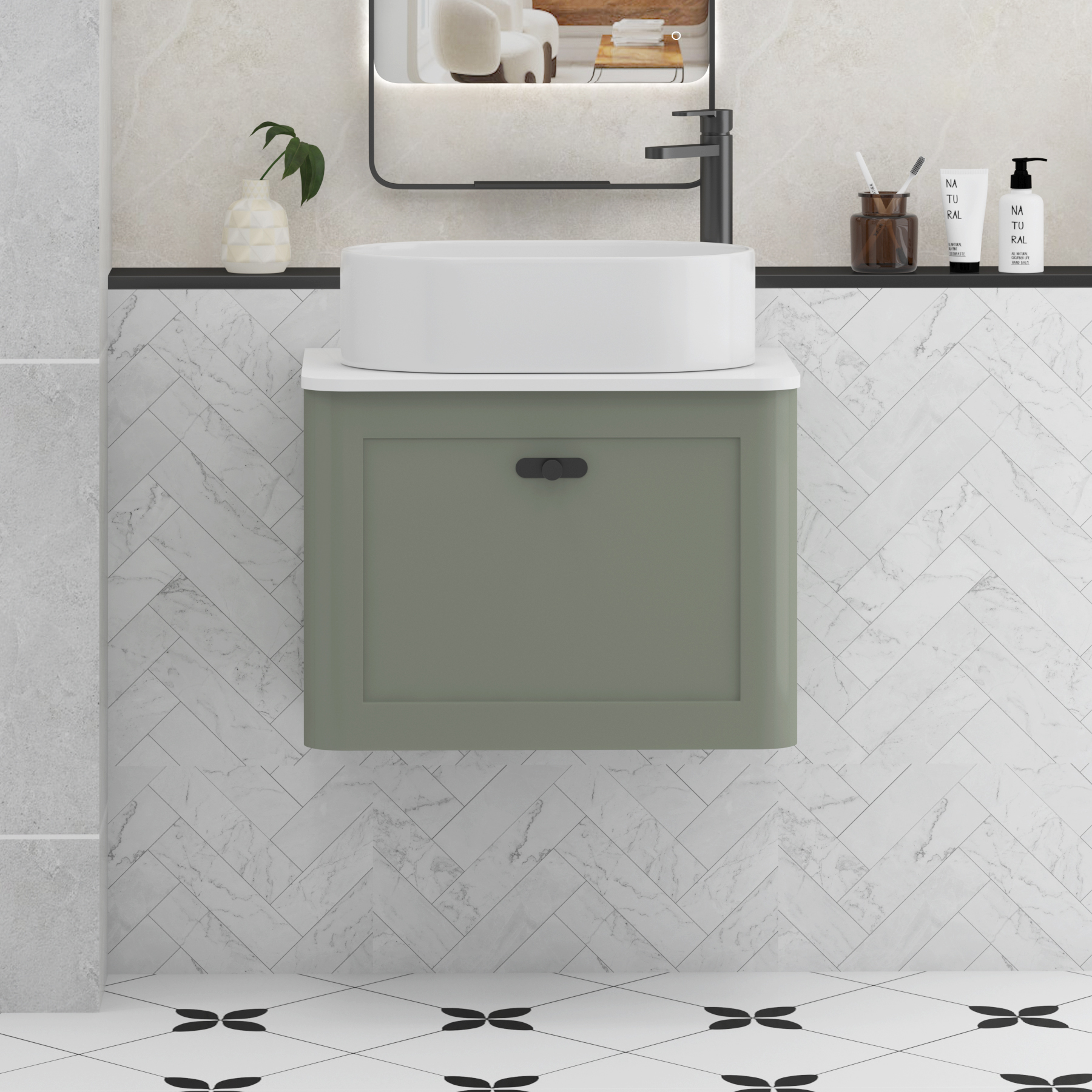 Henley Sage Green Wall Hung Vanity Unit 1 Drawer with Plain White Worktop & Various Basins & Knobs