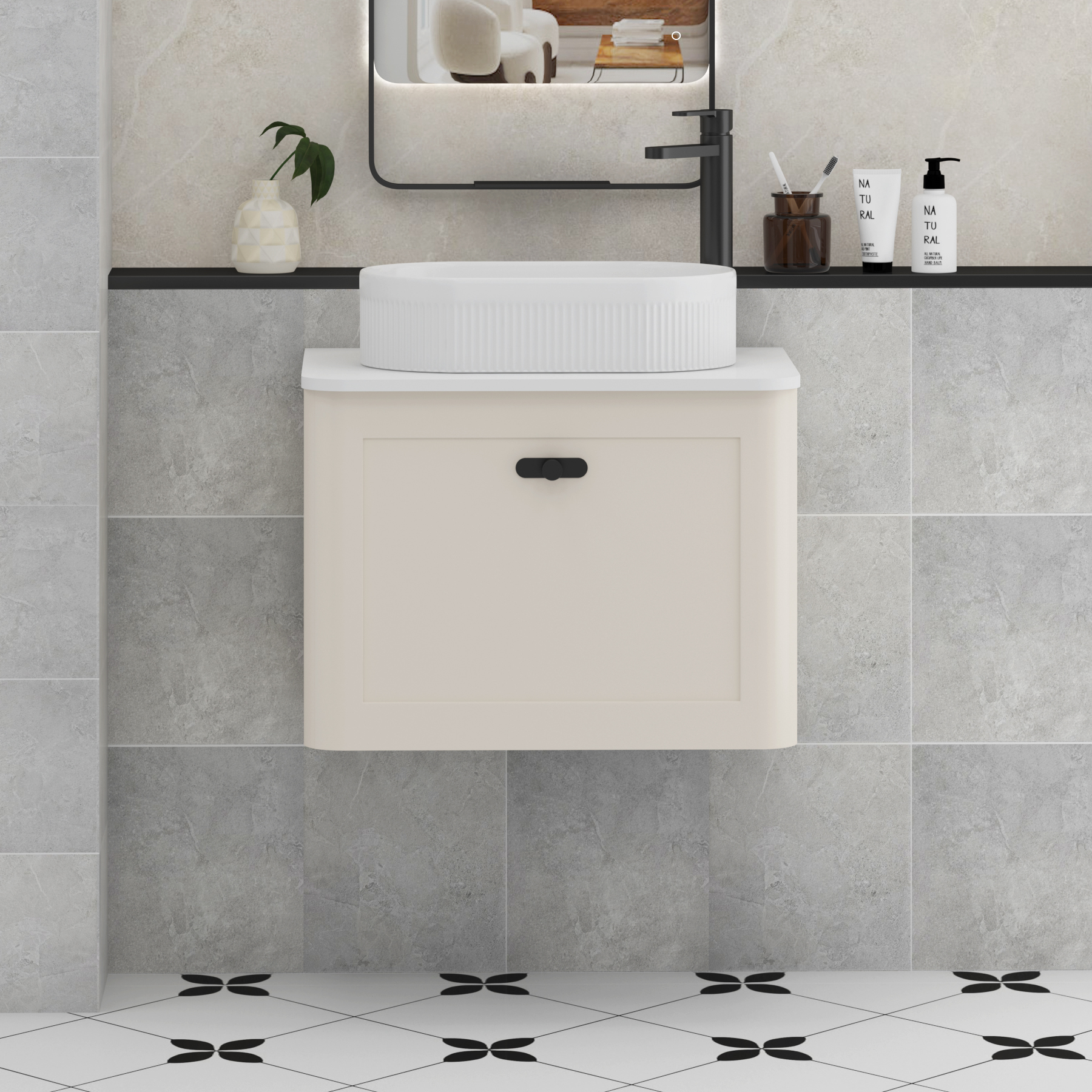 Henley Mushroom Cashmere Wall Hung Vanity Unit 1 Drawer with Plain White Worktop & Various Basins & Knobs