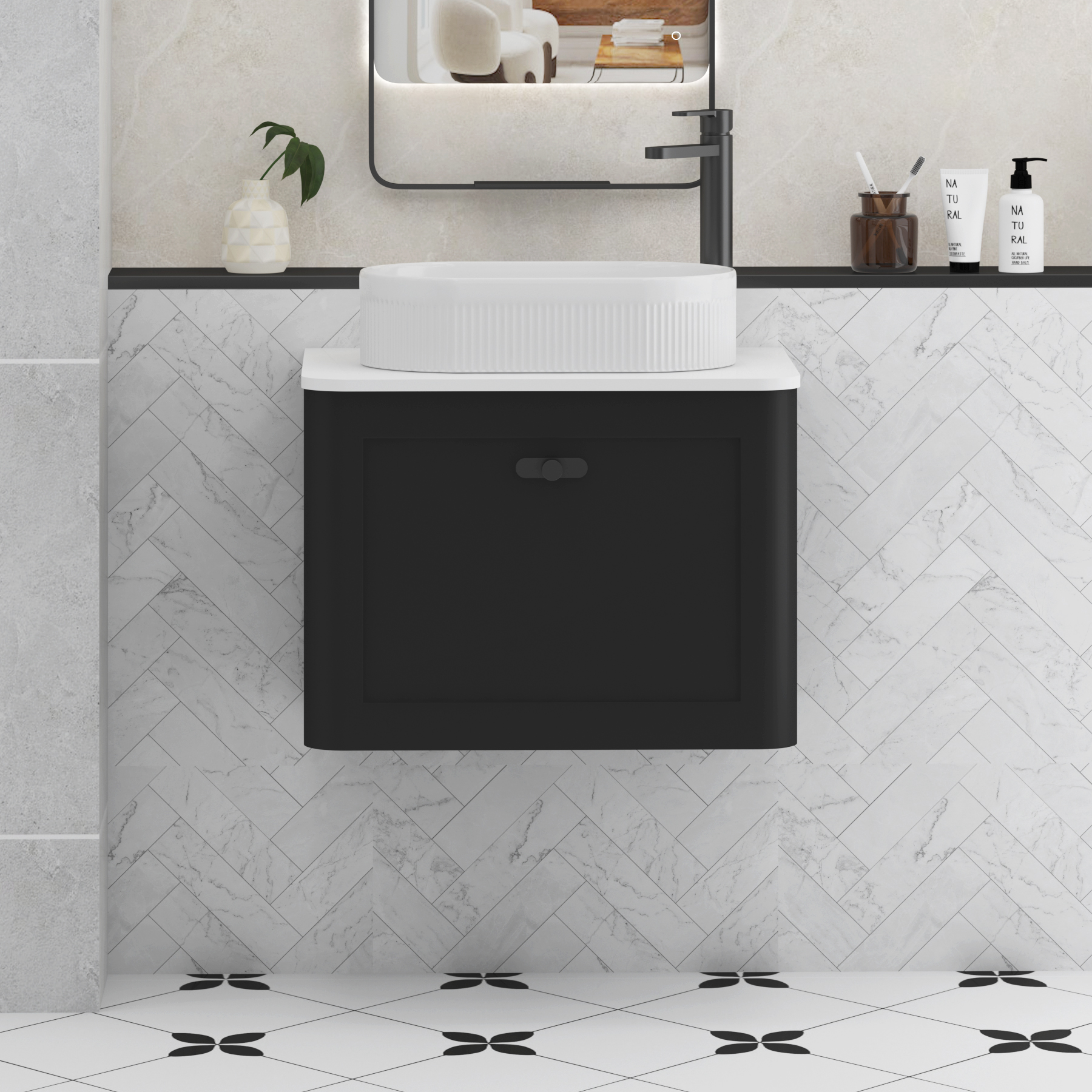 Henley Matt Nocturne Black Wall Hung Vanity Unit 1 Drawer with Plain White Worktop & Various Basins & Knobs