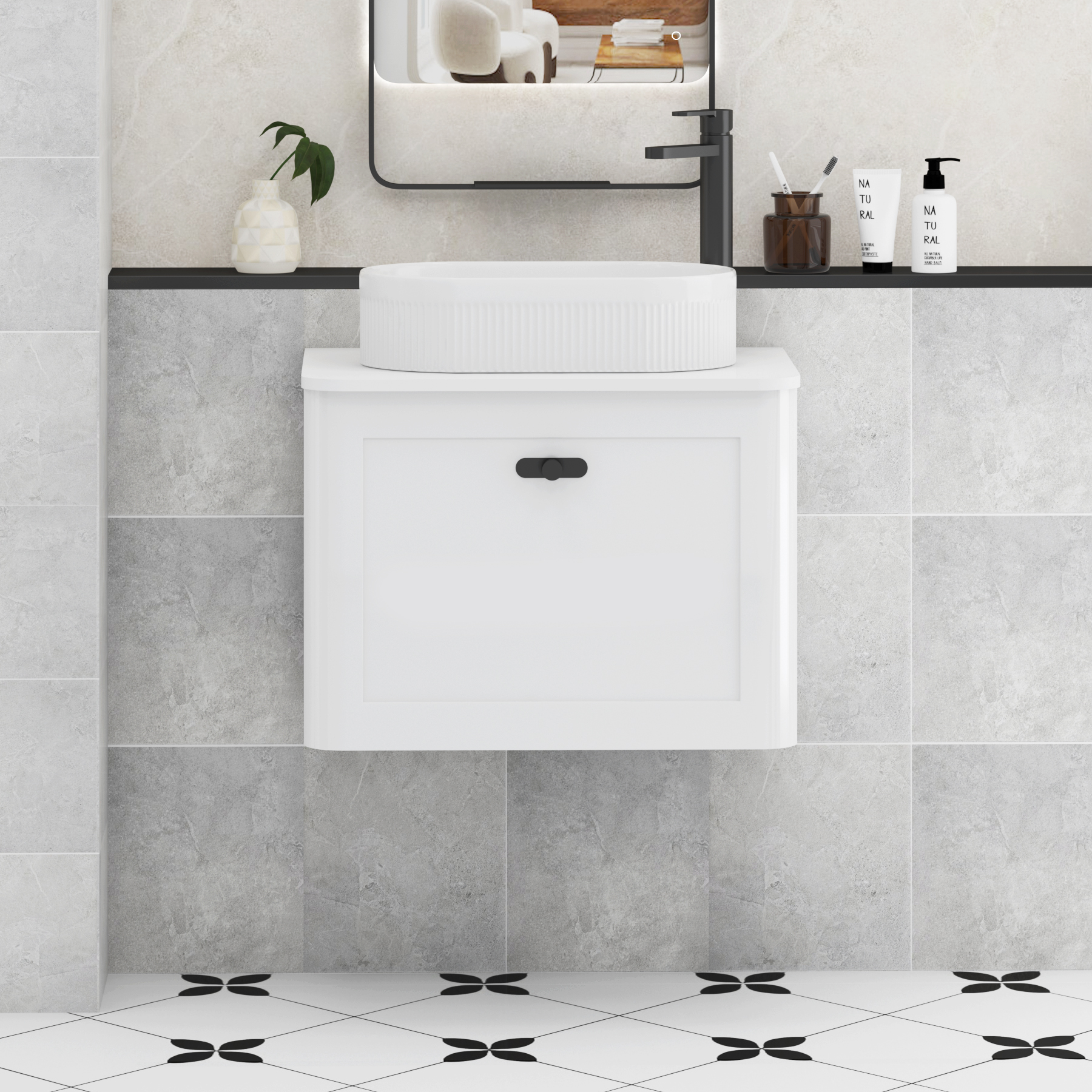 Henley Gloss White Wall Hung Vanity Unit 1 Drawer with Plain White Worktop & Various Basins & Knobs