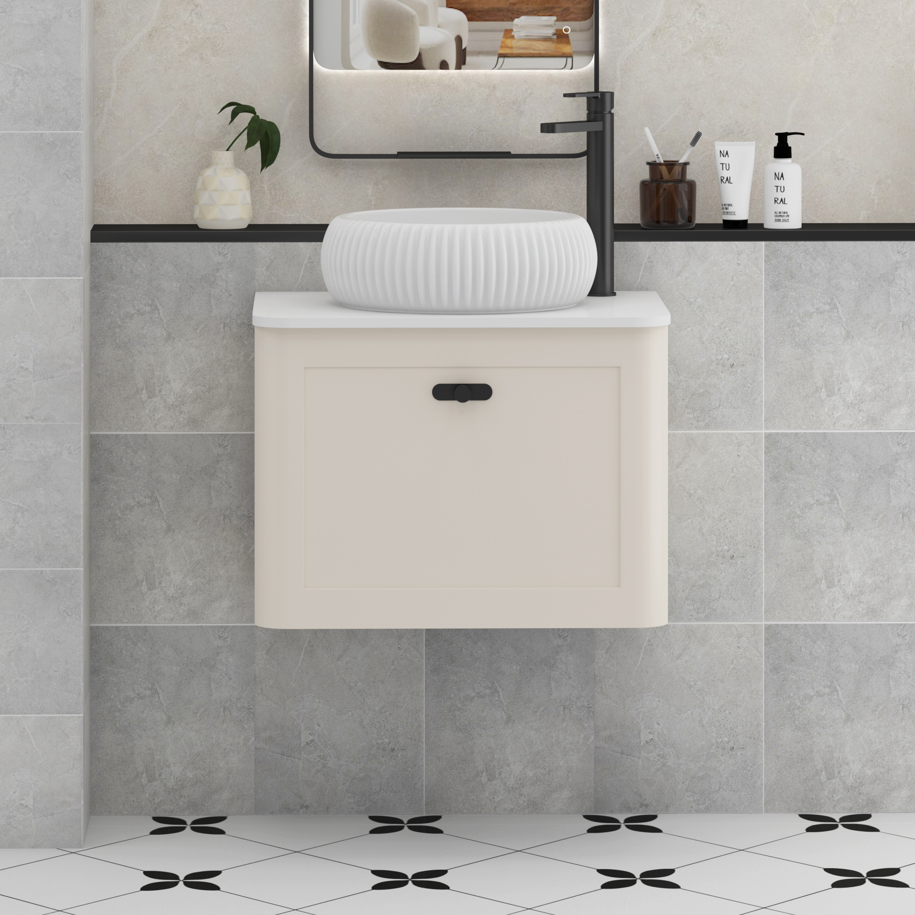 Henley Mushroom Cashmere Wall Hung Vanity Unit 1 Drawer with Plain White Worktop & Various Basins & Knobs