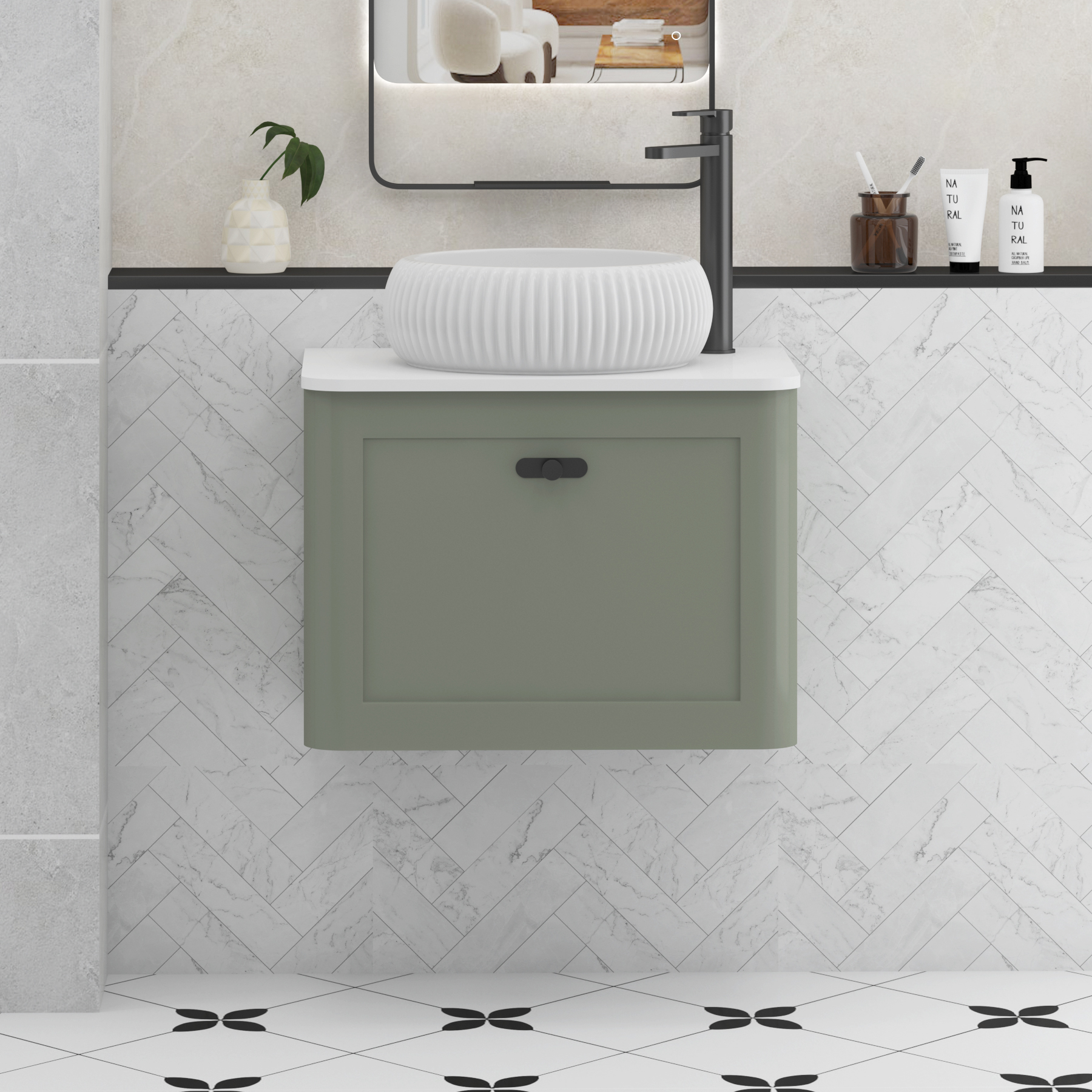 Henley Sage Green Wall Hung Vanity Unit 1 Drawer with Plain White Worktop & Various Basins & Knobs