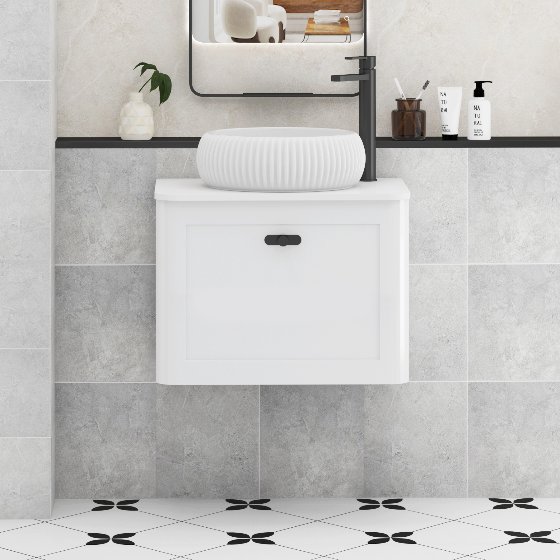 Henley Gloss White Wall Hung Vanity Unit 1 Drawer with Plain White Worktop & Various Basins & Knobs