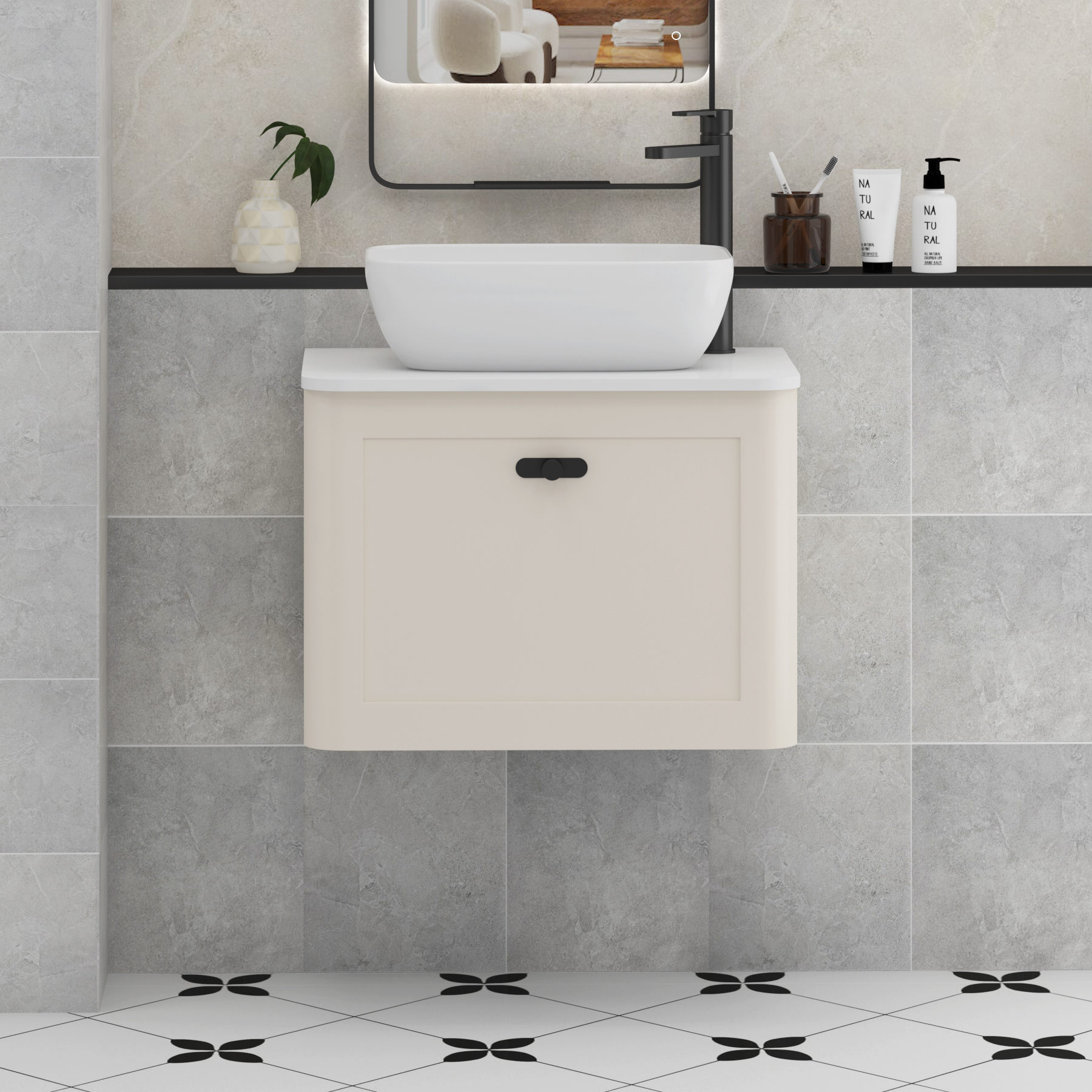 Henley Mushroom Cashmere Wall Hung Vanity Unit 1 Drawer with Plain White Worktop & Various Basins & Knobs