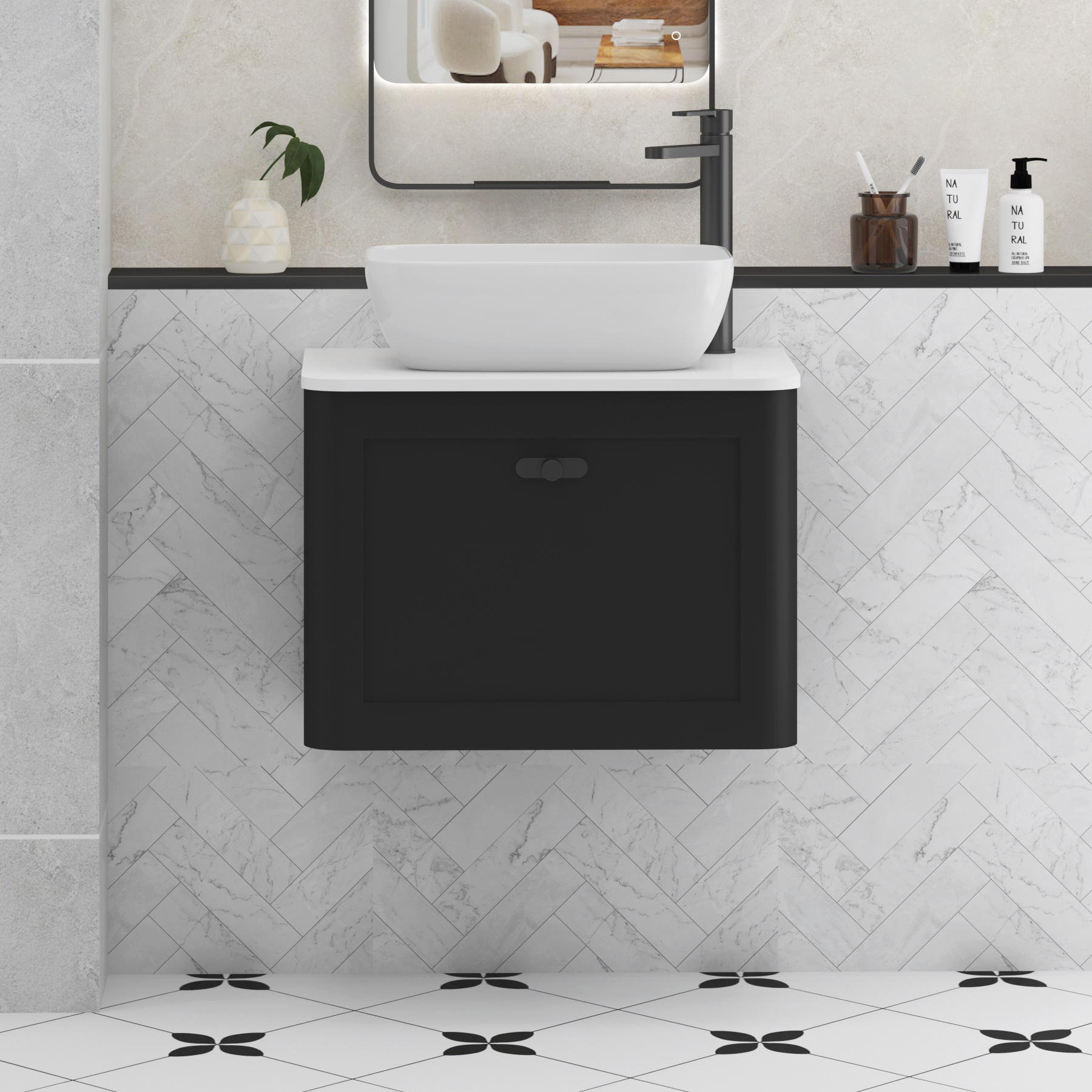 Henley Matt Nocturne Black Wall Hung Vanity Unit 1 Drawer with Plain White Worktop & Various Basins & Knobs