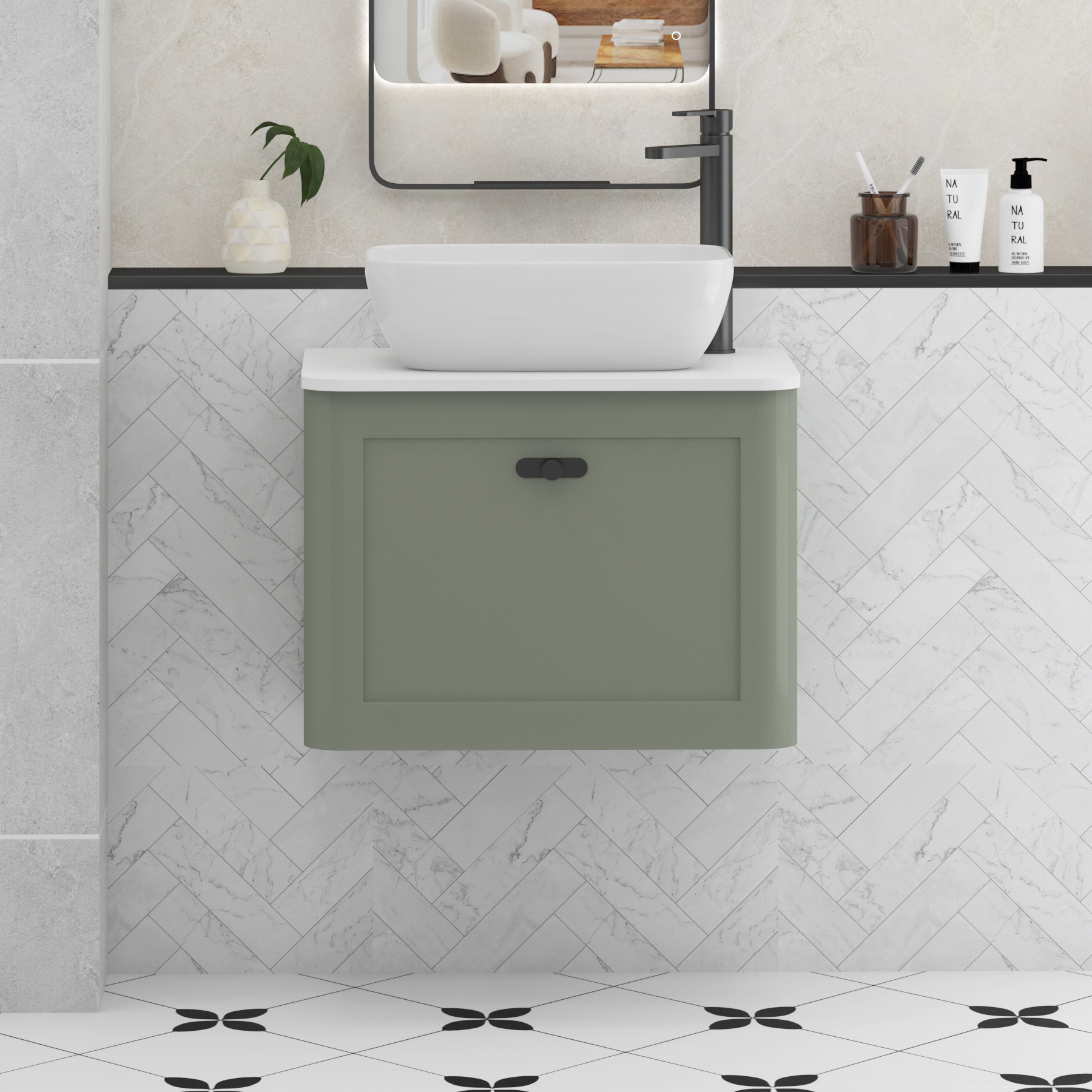Henley Sage Green Wall Hung Vanity Unit 1 Drawer with Plain White Worktop & Various Basins & Knobs