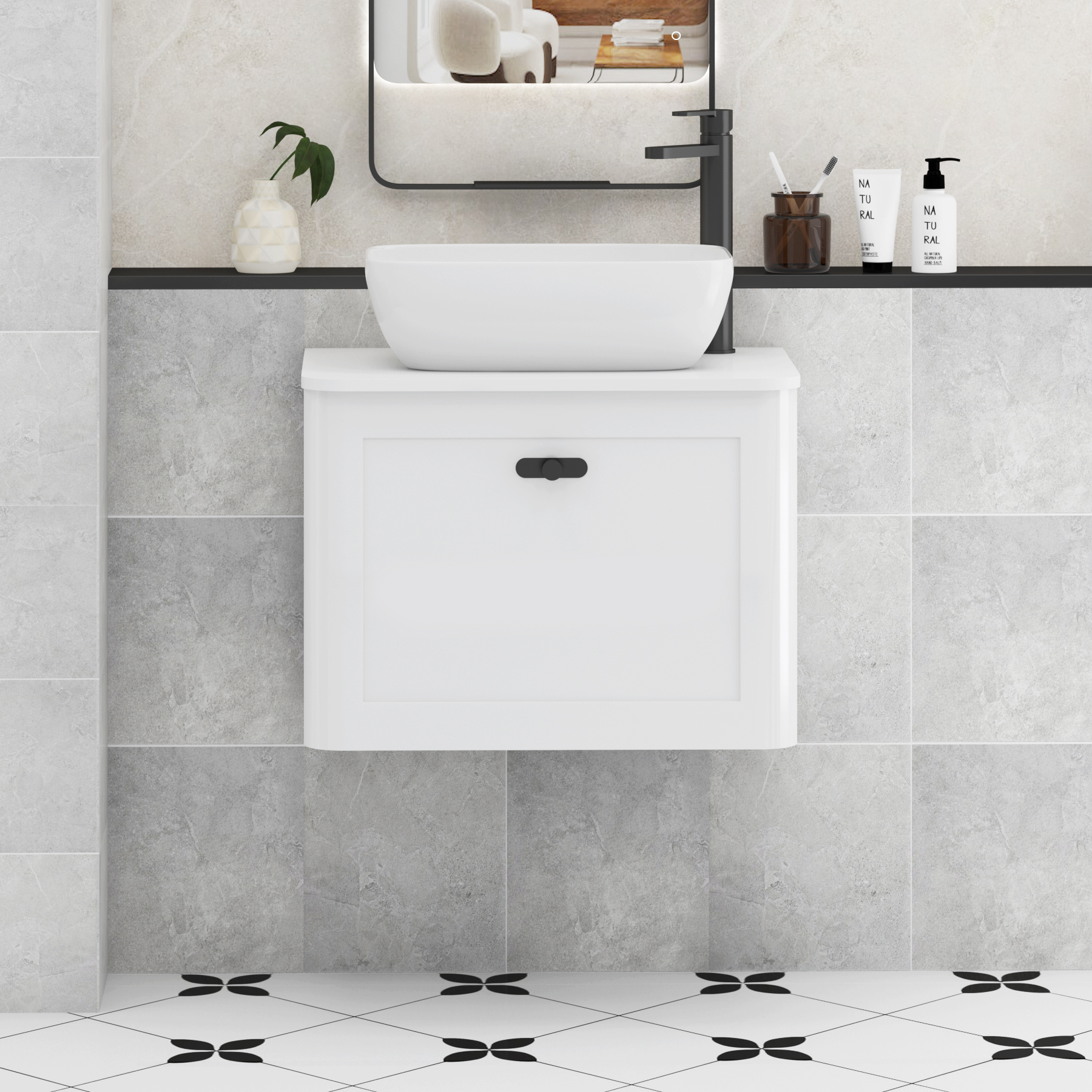 Henley Gloss White Wall Hung Vanity Unit 1 Drawer with Plain White Worktop & Various Basins & Knobs