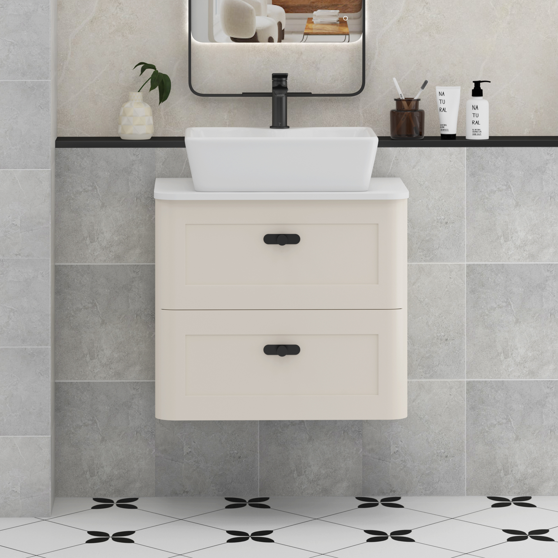 Henley Mushroom Cashmere Wall Hung Vanity Unit 2 Drawer with Plain White Worktop & Various Basins & Knobs