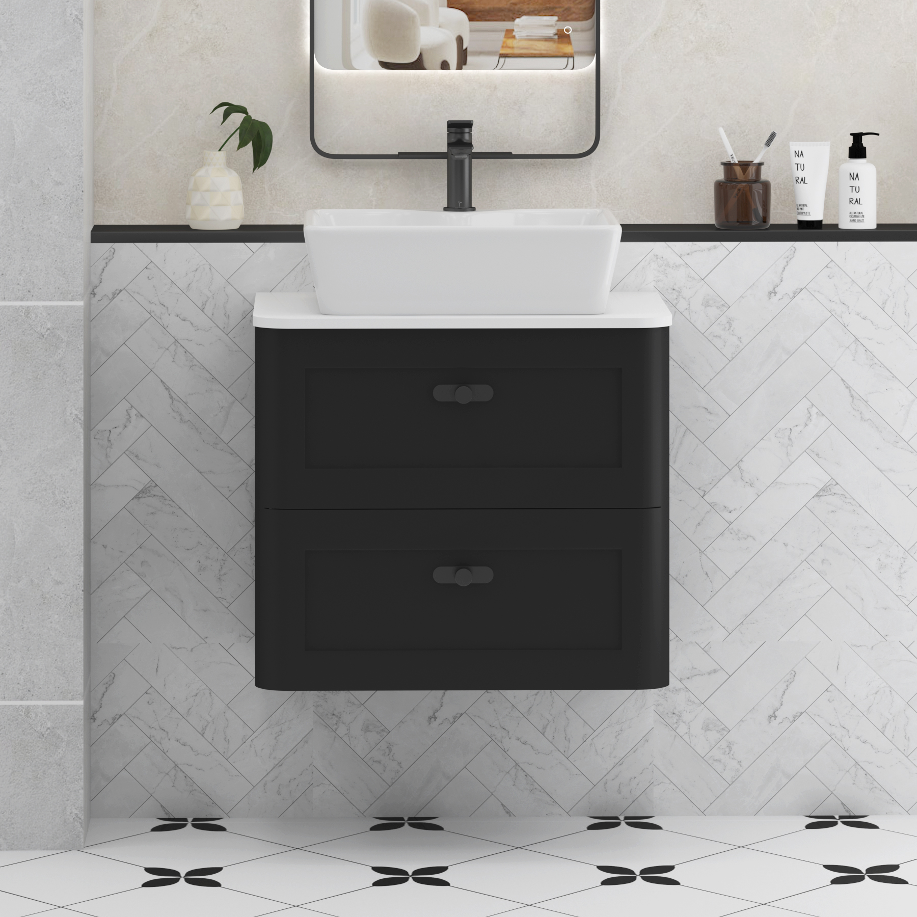 Henley Matt Nocturne Black Wall Hung Vanity Unit 2 Drawer with Plain White Worktop & Various Basins & Knobs