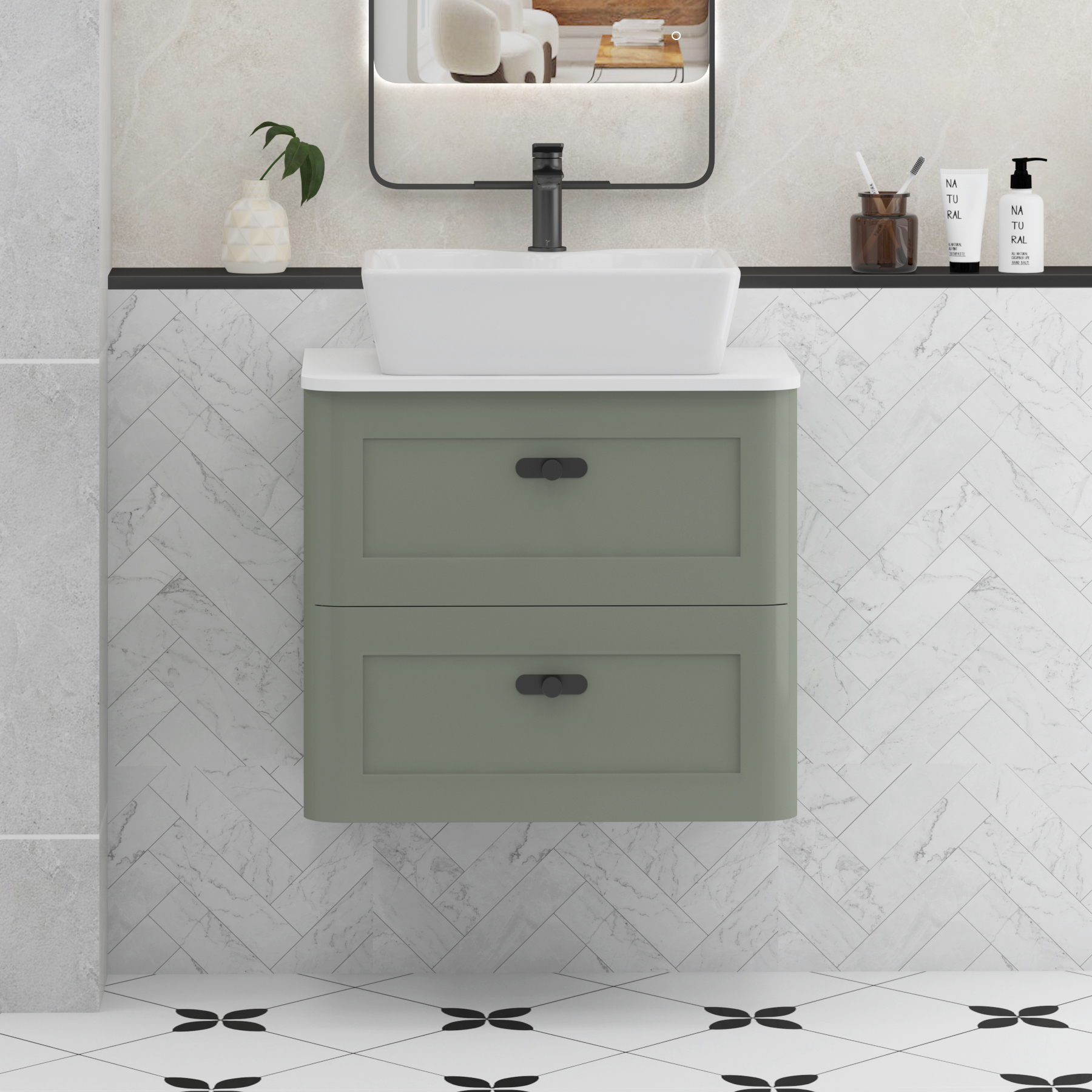 Henley Sage Green Wall Hung Vanity Unit 2 Drawer with Plain White Worktop & Various Basins & Knobs
