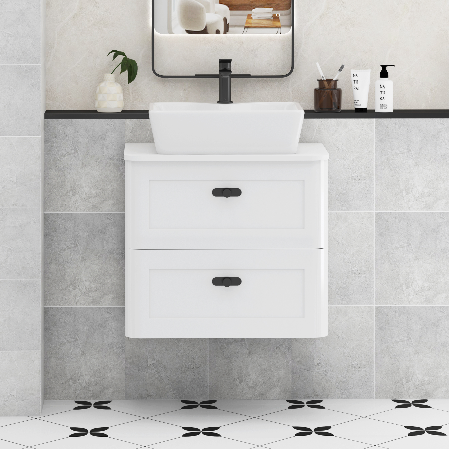 Henley Gloss White Wall Hung Vanity Unit 2 Drawer with Plain White Worktop & Various Basins & Knobs
