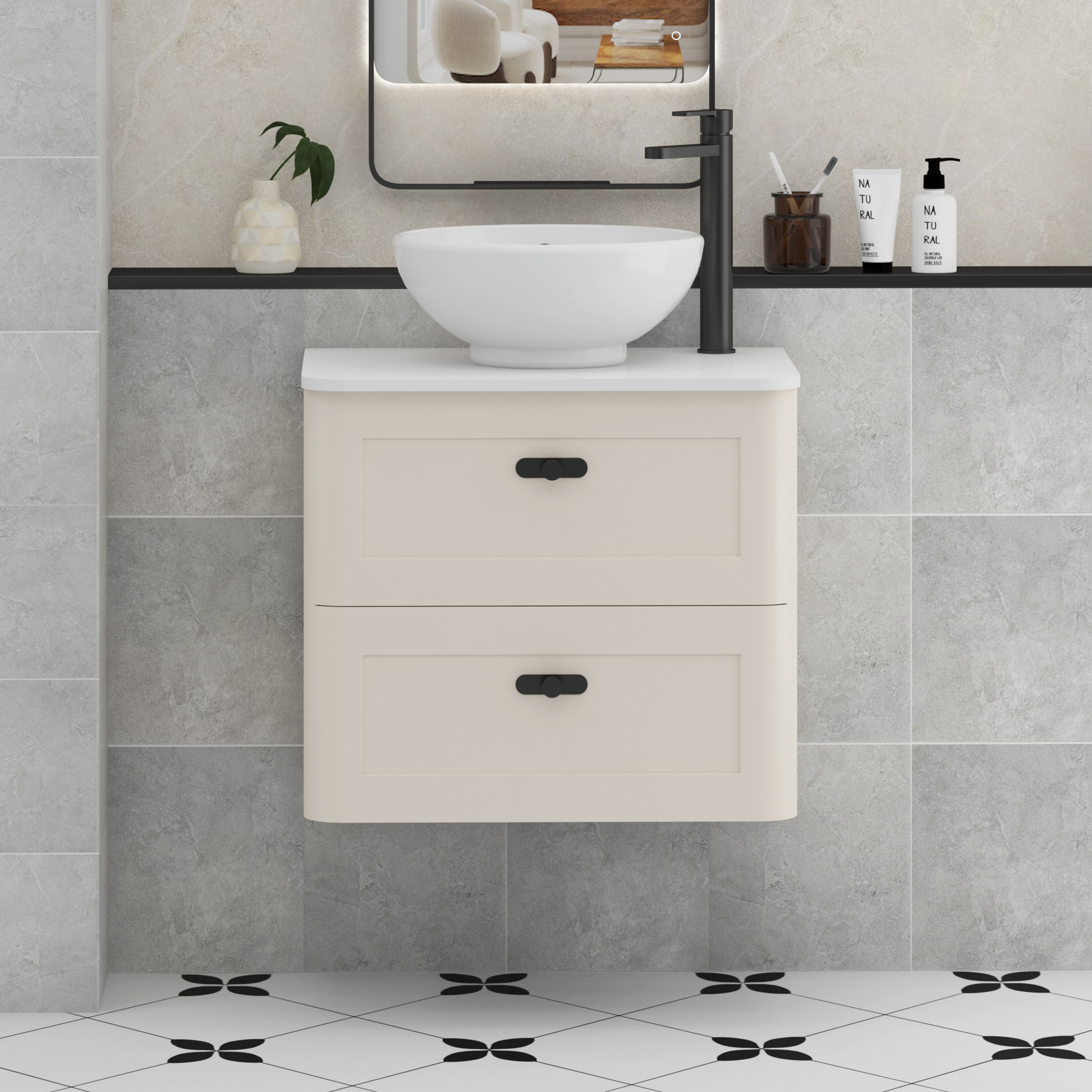 Henley Mushroom Cashmere Wall Hung Vanity Unit 2 Drawer with Plain White Worktop & Various Basins & Knobs