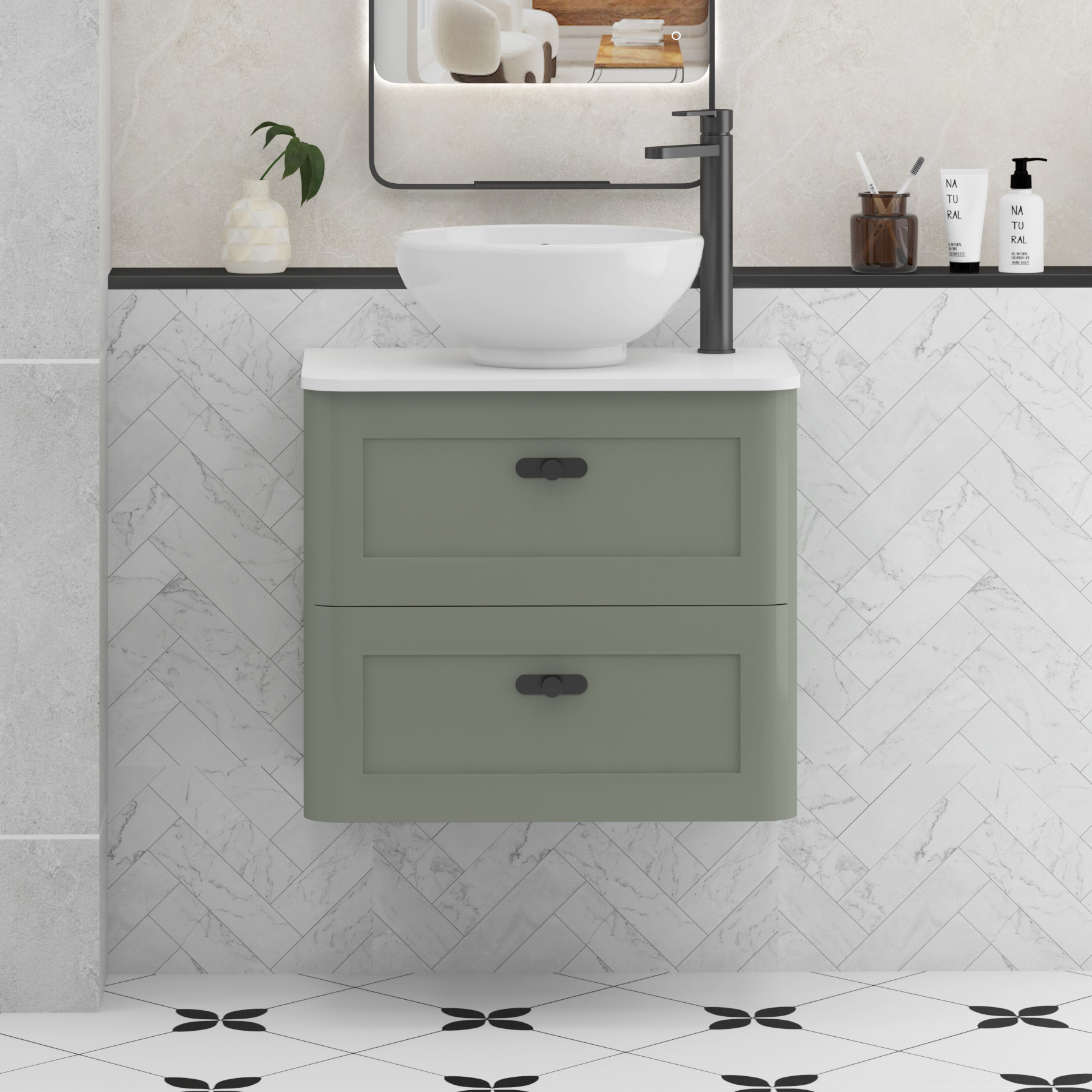 Henley Sage Green Wall Hung Vanity Unit 2 Drawer with Plain White Worktop & Various Basins & Knobs