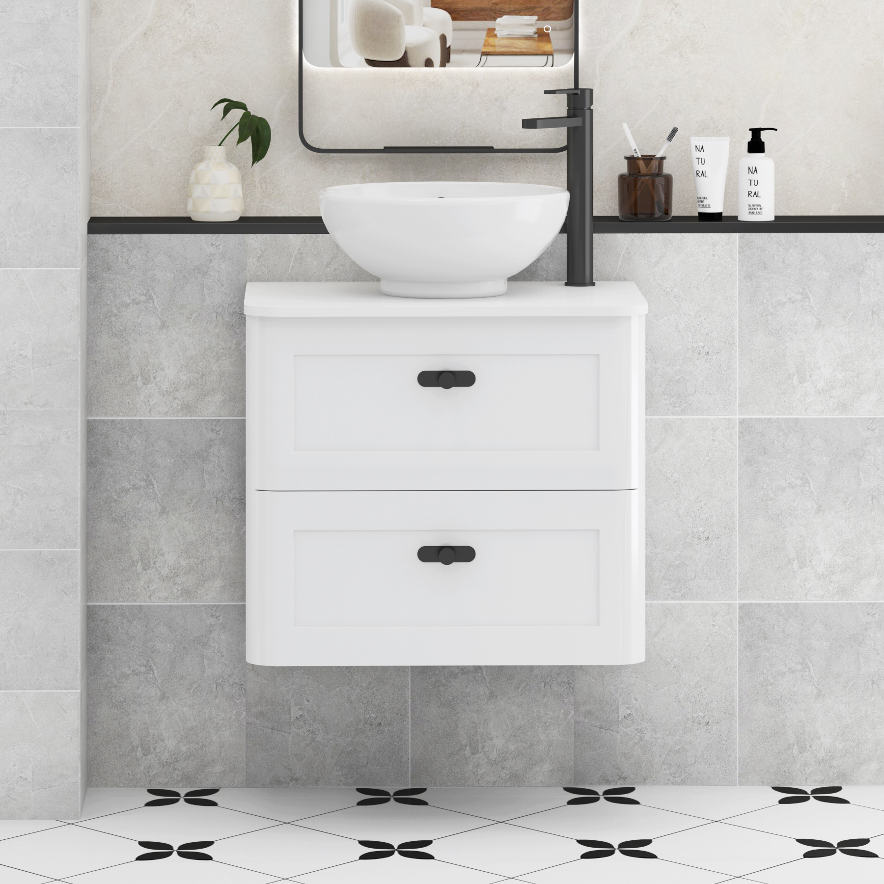 Henley Gloss White Wall Hung Vanity Unit 2 Drawer with Plain White Worktop & Various Basins & Knobs