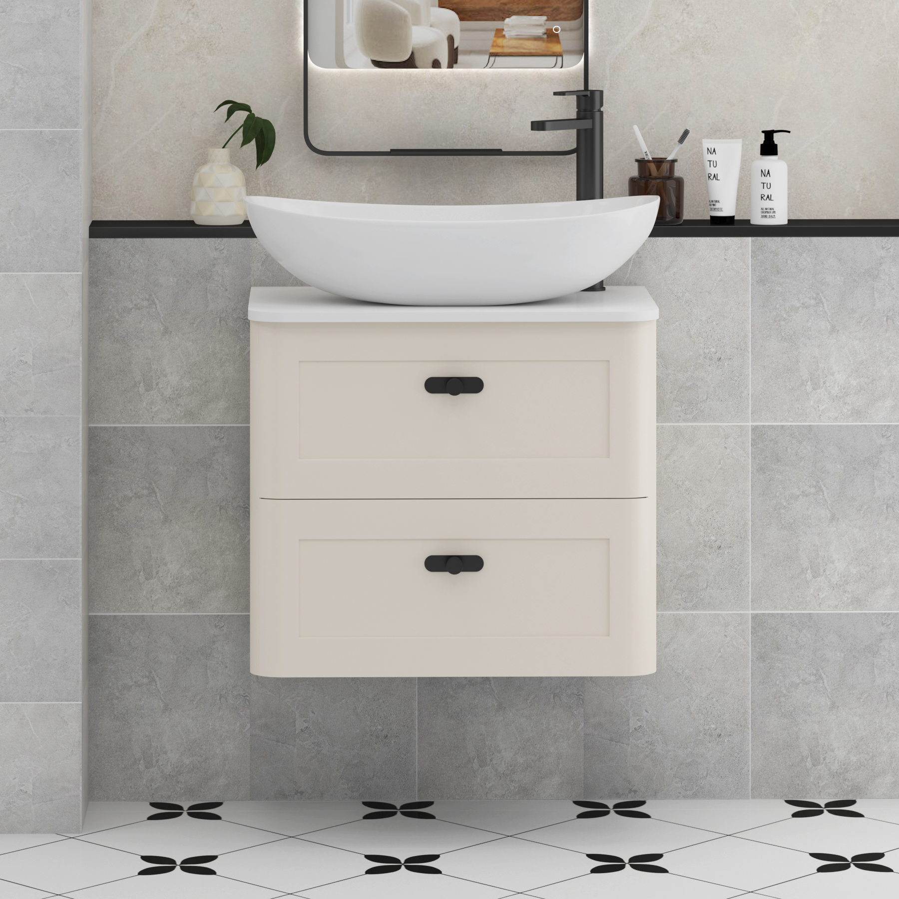 Henley Mushroom Cashmere Wall Hung Vanity Unit 2 Drawer with Plain White Worktop & Various Basins & Knobs