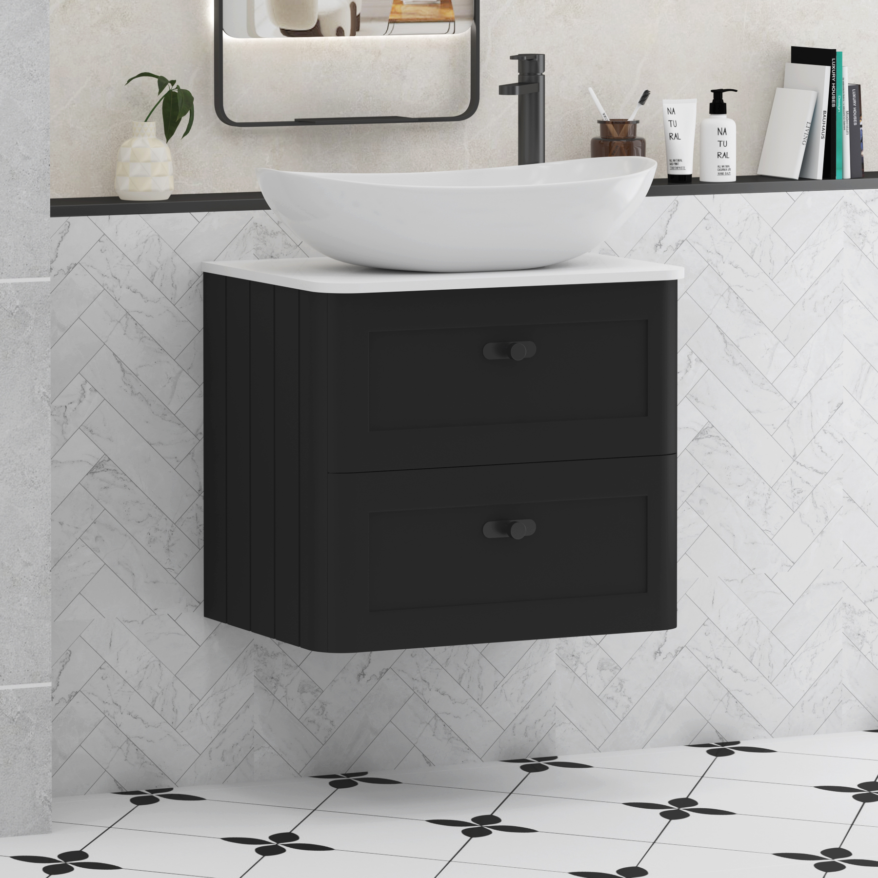 Henley Matt Nocturne Black Wall Hung Vanity Unit 2 Drawer with Plain White Worktop & Various Basins & Knobs