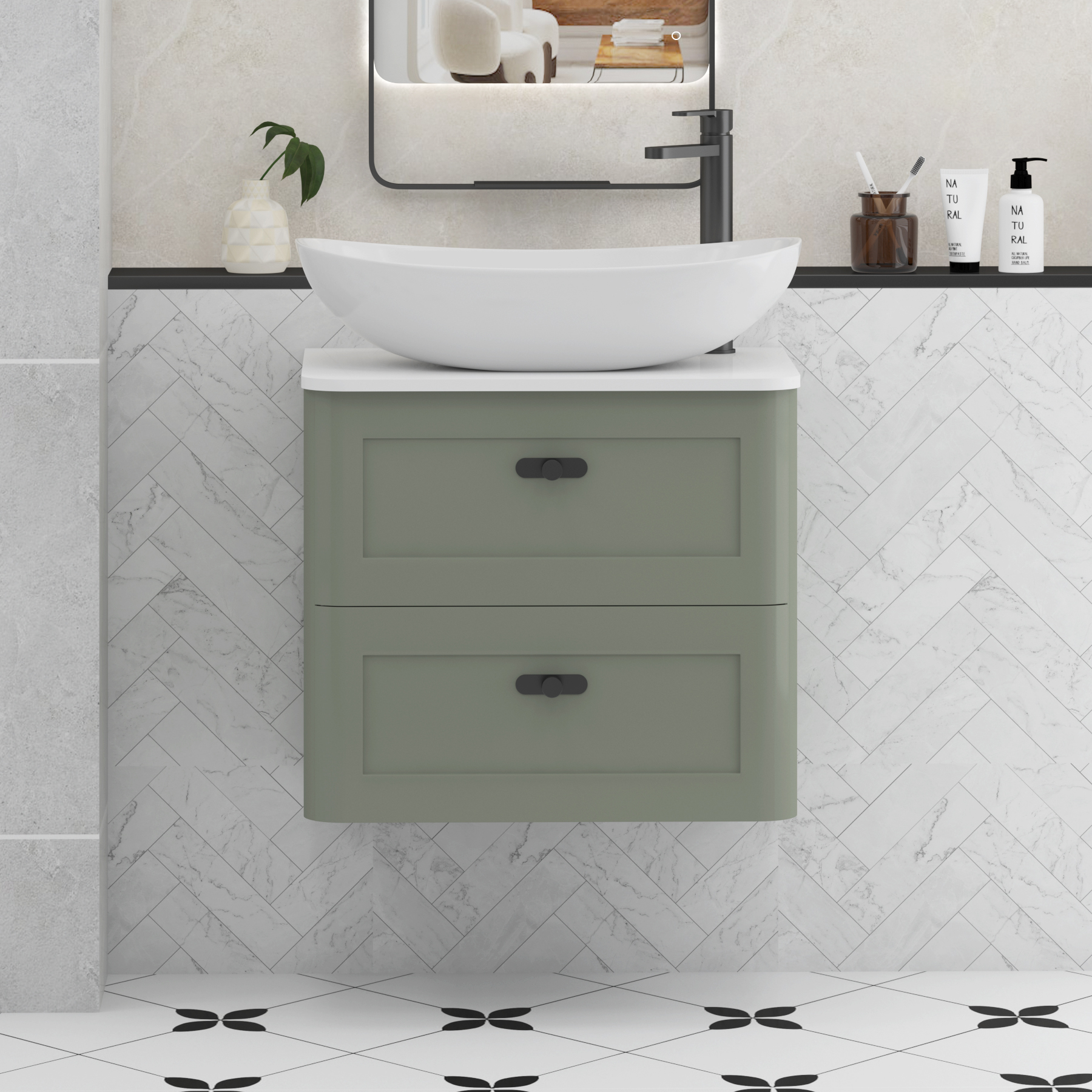 Henley Sage Green Wall Hung Vanity Unit 2 Drawer with Plain White Worktop & Various Basins & Knobs