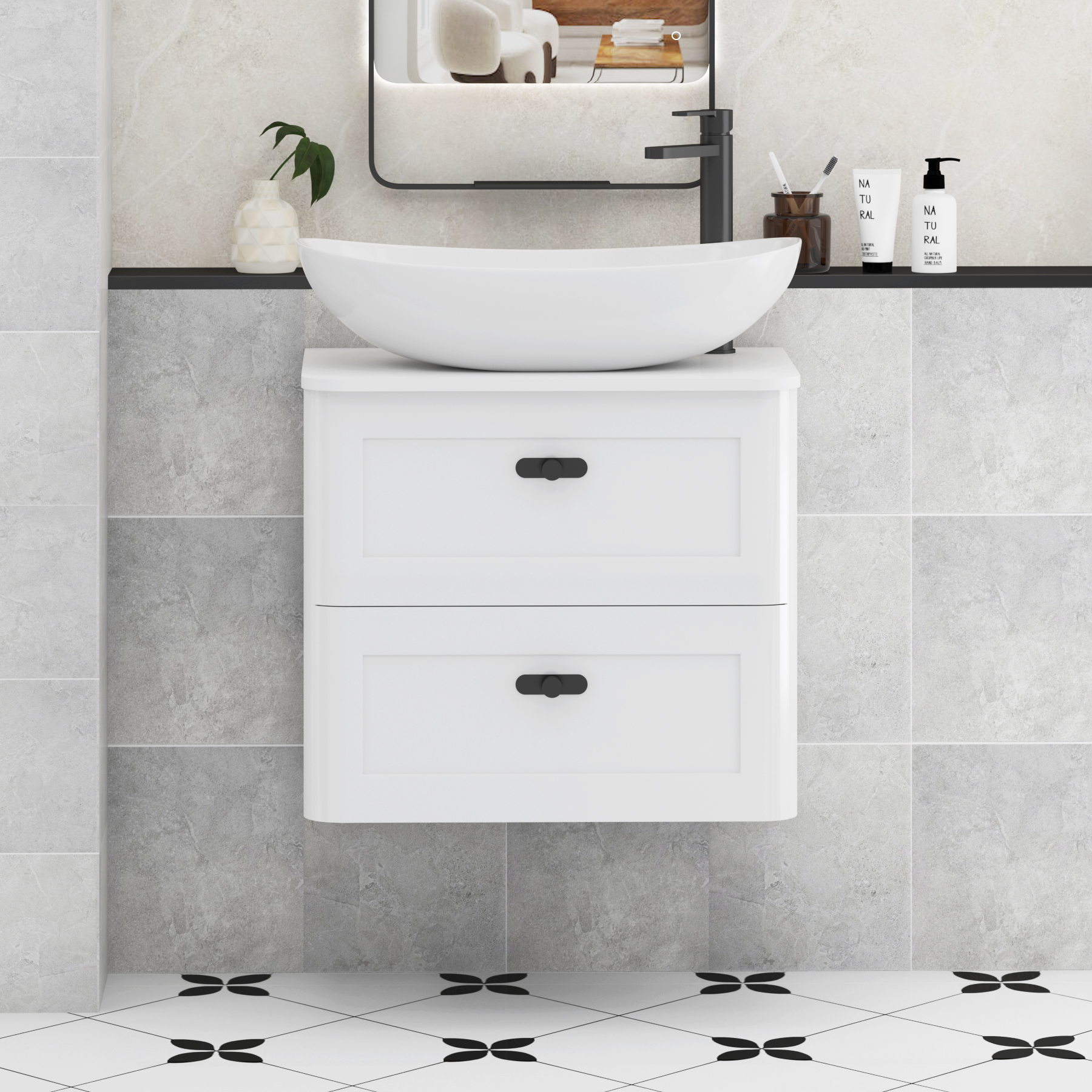 Henley Gloss White Wall Hung Vanity Unit 2 Drawer with Plain White Worktop & Various Basins & Knobs
