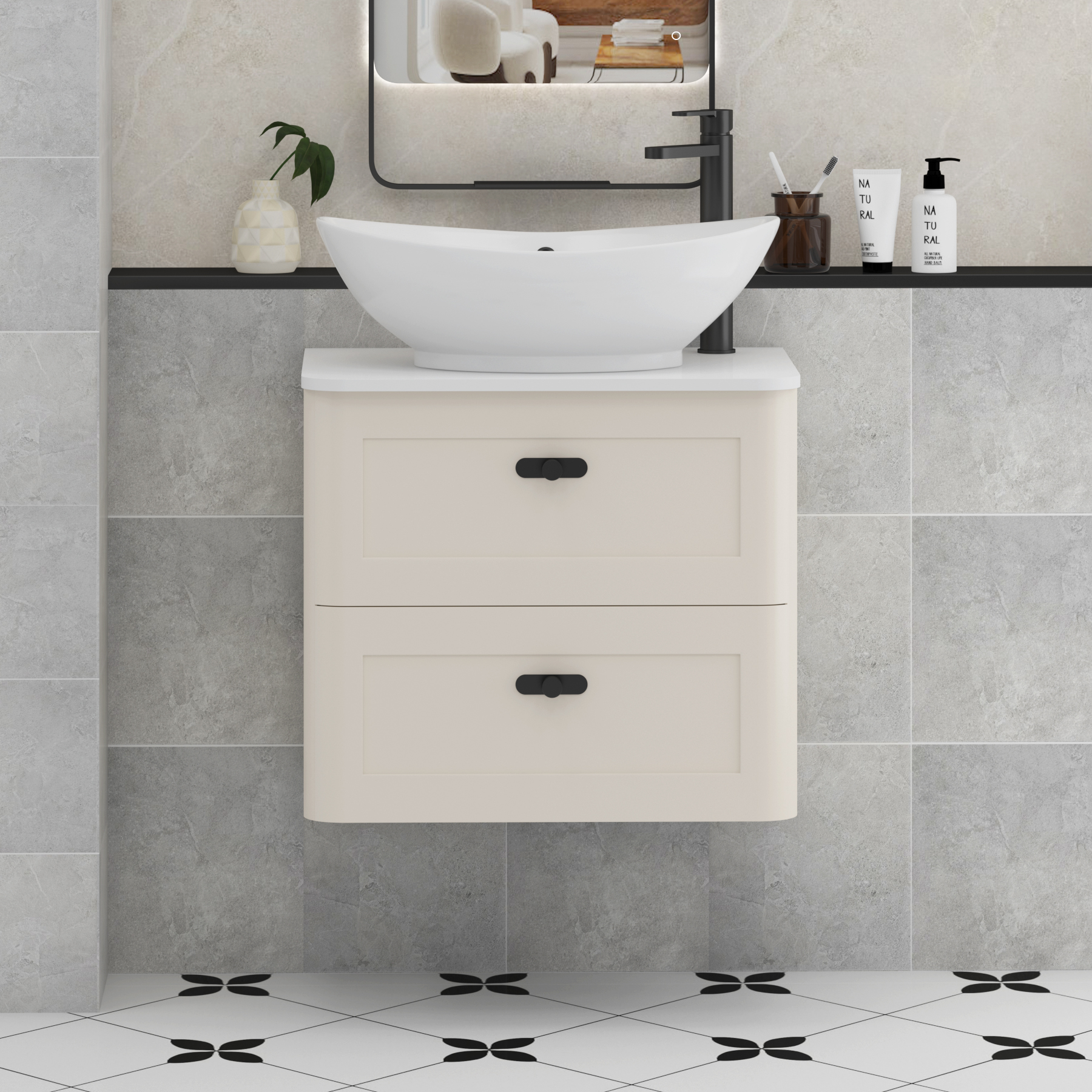Henley Mushroom Cashmere Wall Hung Vanity Unit 2 Drawer with Plain White Worktop & Various Basins & Knobs