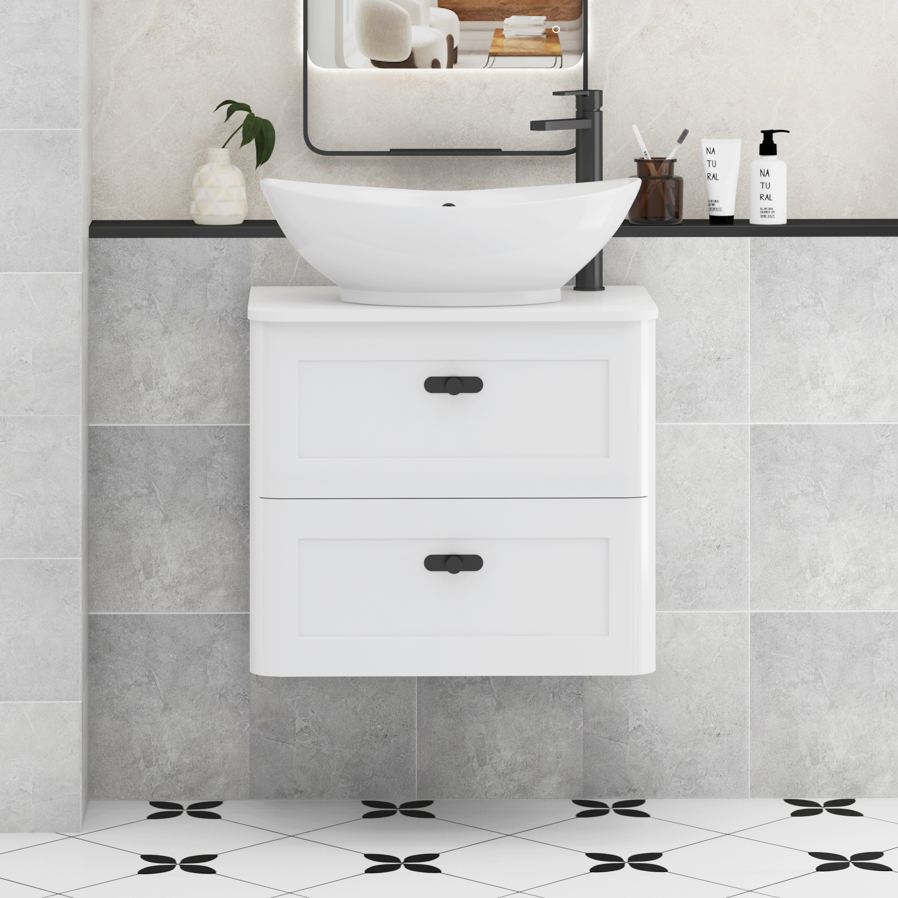 Henley Gloss White Wall Hung Vanity Unit 2 Drawer with Plain White Worktop & Various Basins & Knobs